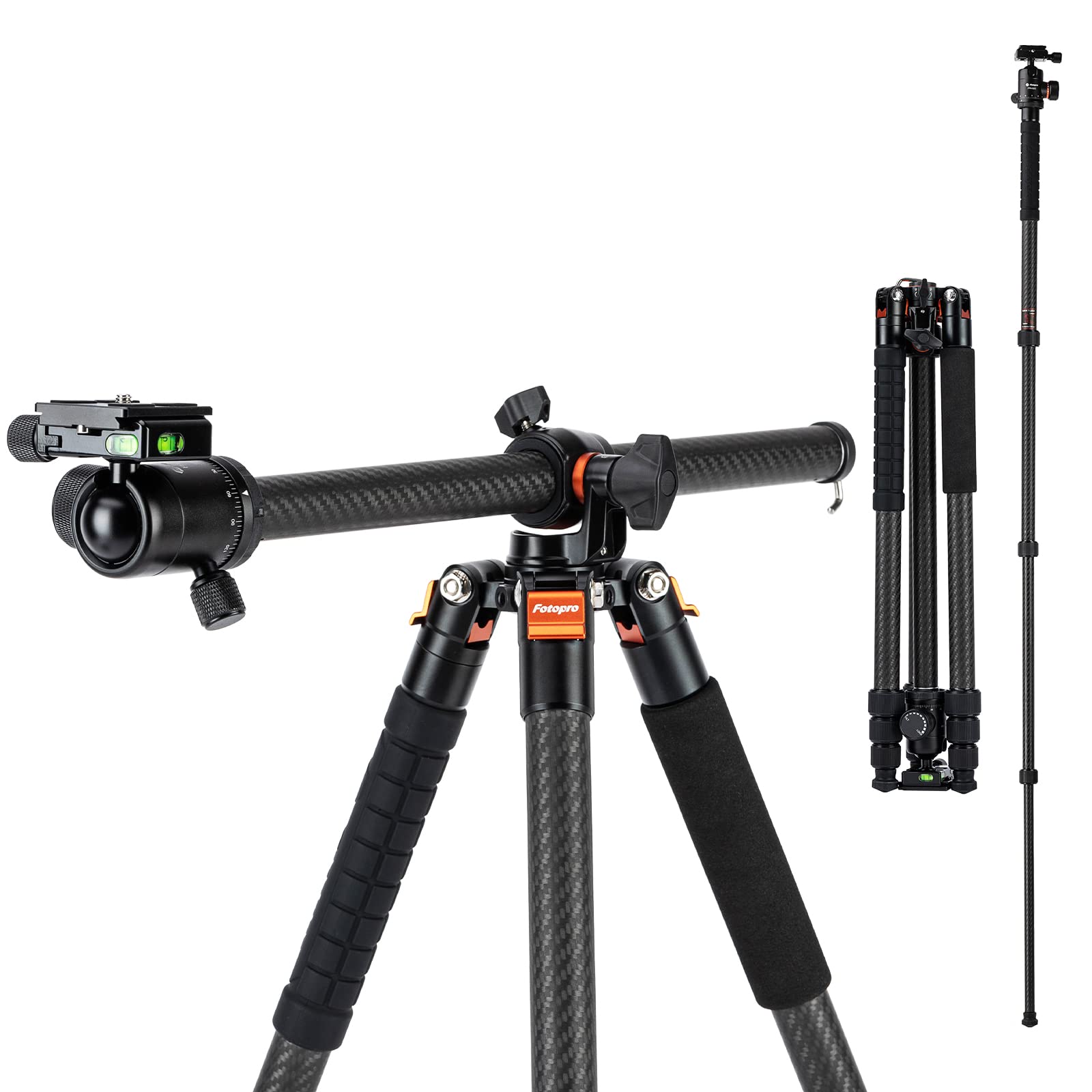 Fotopro - Trípode Horizontal de Fibra de Carbono, trípode de cámara de 75 Pulgadas con Cabezal de Bola de 360 Grados, Placa de liberación rápida para videocámara DSLR, trípode 2 en 1, Carga máxima de