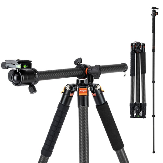 Fotopro - Trípode Horizontal de Fibra de Carbono, trípode de cámara de 75 Pulgadas con Cabezal de Bola de 360 Grados, Placa de liberación rápida para videocámara DSLR, trípode 2 en 1, Carga máxima de