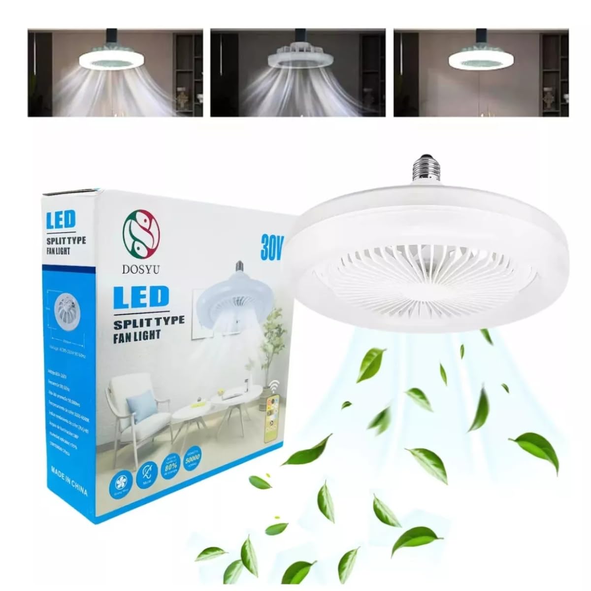 Foco LED Ventilador Techo Abanico Blanco Frío 6,500K° 3 Piezas Control Remoto