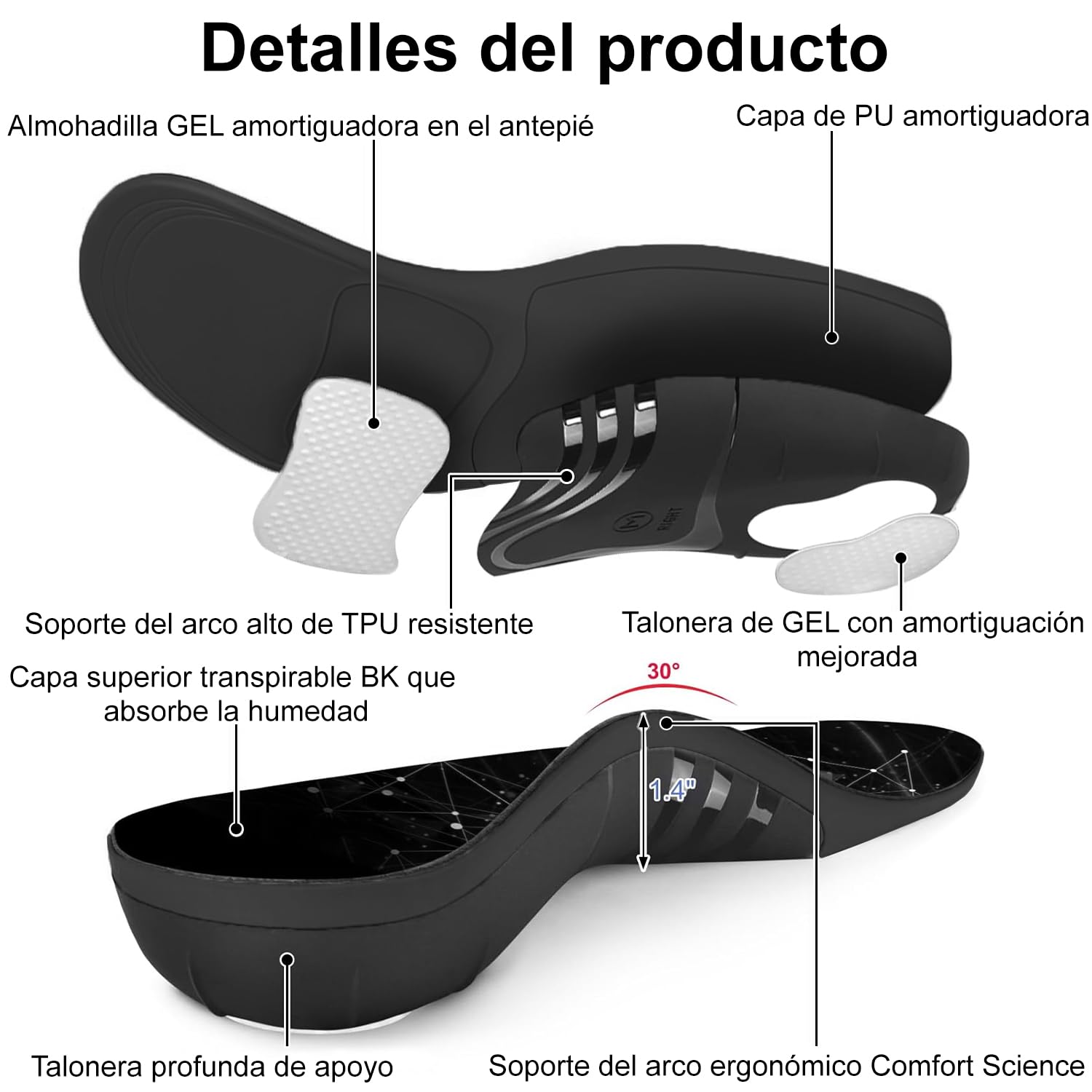 Plantillas Ortopédicas para Hombre Gel y Memory Foam para Fascitis Plantar y Pie Plano