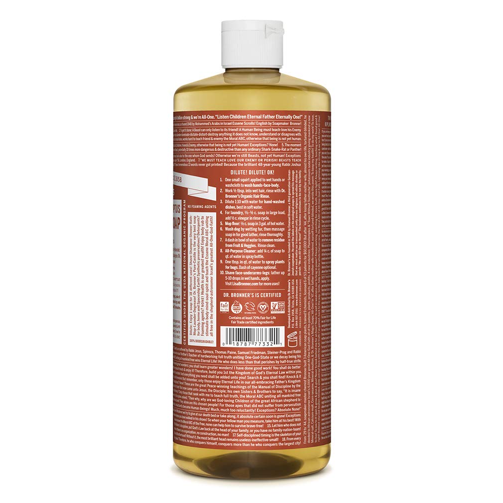 Dr. Bronner's | Jabón de castilla orgánico líquido multiusos, fórmula concentrada, frescura herbal y respiración clara, con aceite esencial natural, aroma Eucalipto (946 ml)