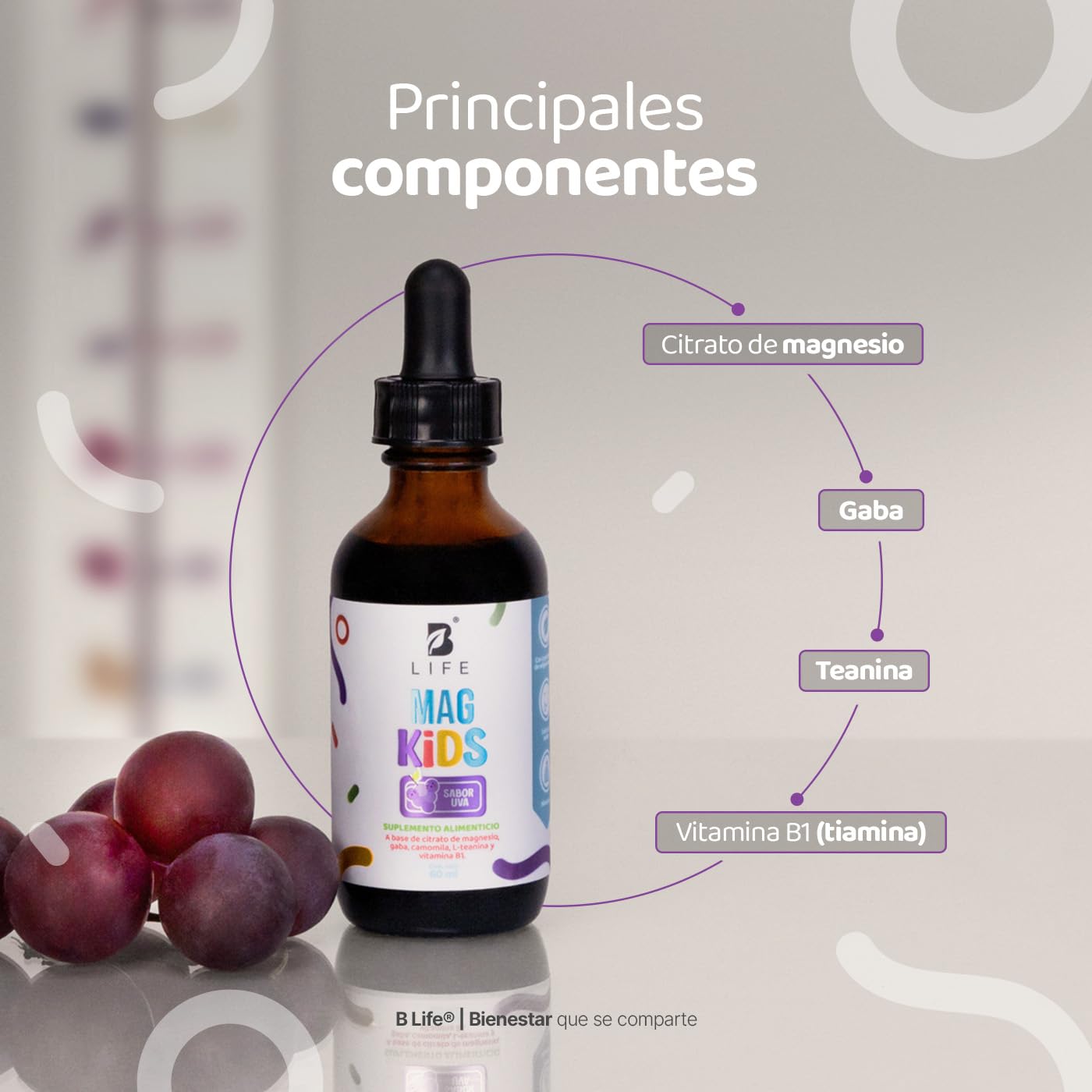 Citrato de Magnesio de 60 ml. 2 meses de consumo. Adicionado con Teanina, Vitamina B1 y Gaba para niños. Sabor Uva. Kids Mag. B Life.