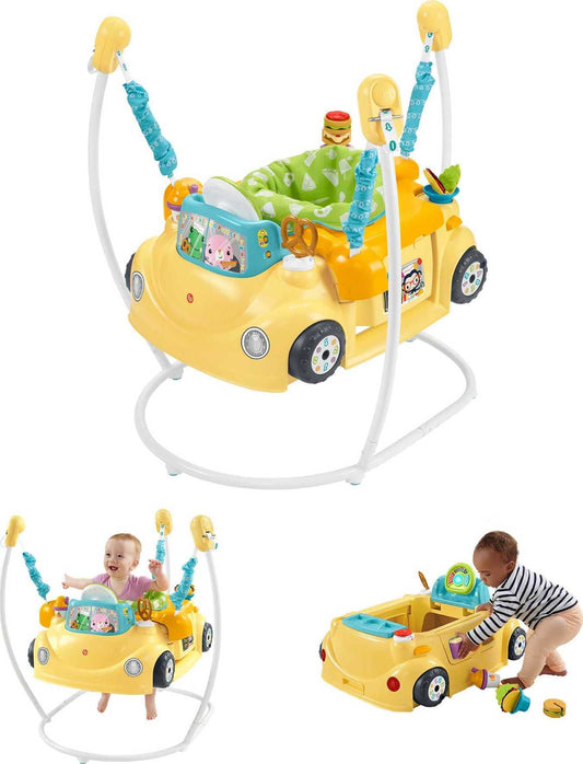 Fisher-Price - Juguete de aprendizaje de bebé a niño pequeño 2 en 1 Servin' Up Fun Jumperoo Centro de actividades con luces musicales y juego de rompecabezas de clasificación de formas