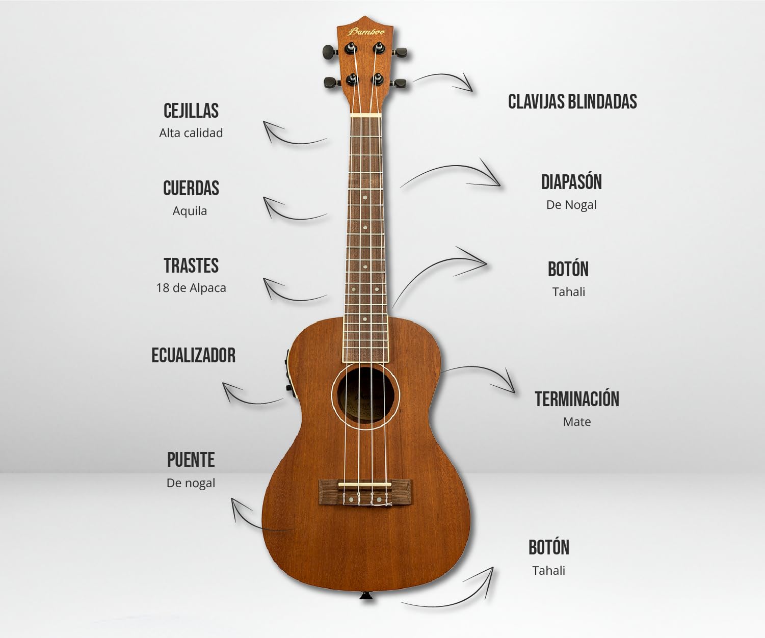 BAMBOO, Ukulele Concierto Electroacústico, madera Sapele, 23 pulgadas, Funda Acolchada, Equalizador con Afinador.