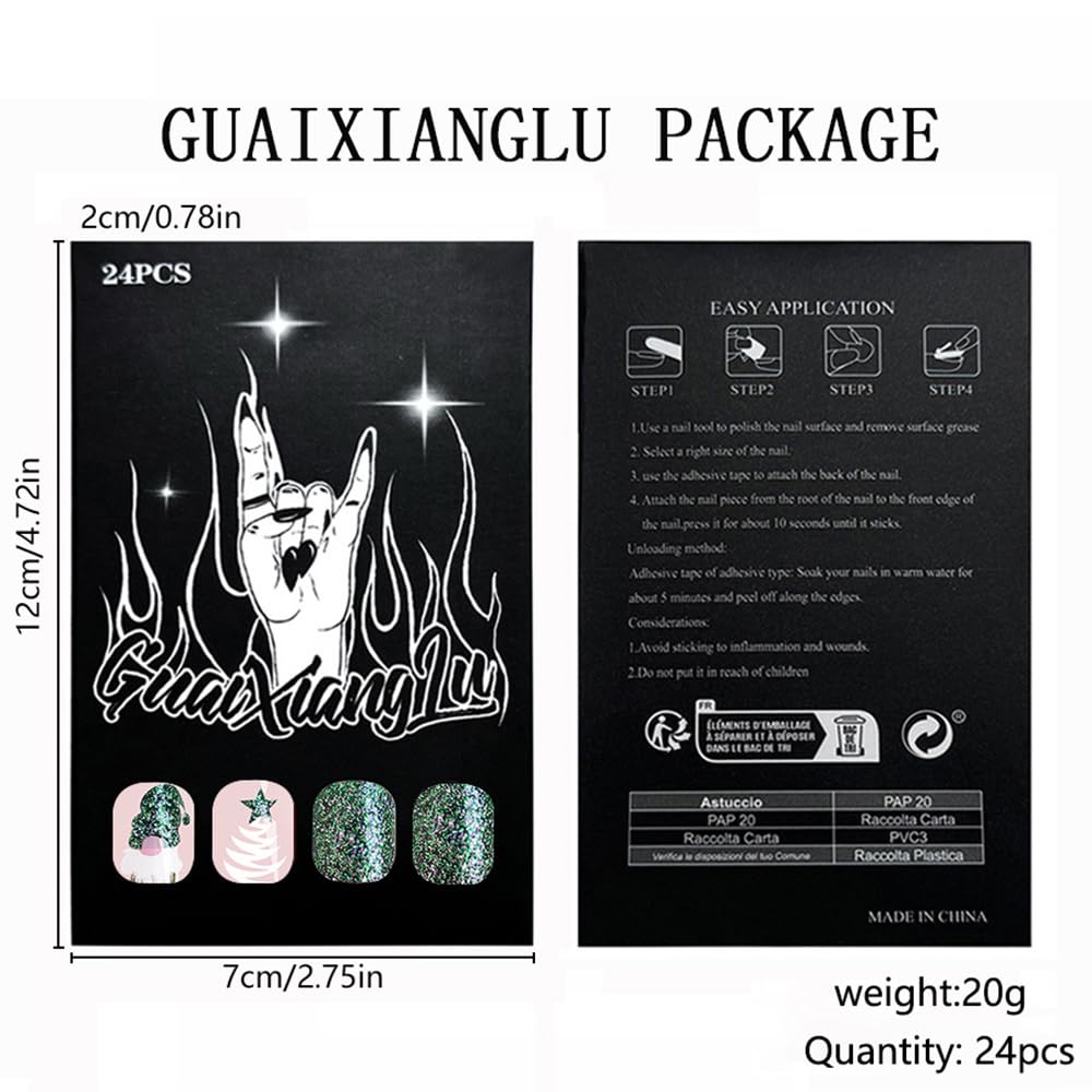 Uñas postizas navideñas de tamaño mediano, cuadradas, con purpurina verde, diseño de ataúd, con diseños de enanos de Papá Noel, cobertura total, uñas acrílicas postizas brillantes para mujeres y