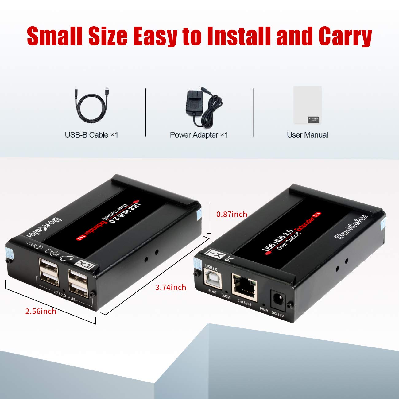 Basicolor - Extensor USB de 80 m con concentrador de 4 puertos, extensión Cat5e/6/7 a través de Ethernet, RJ45 soporta todos los sistemas operativos, Plug & Play, dos cámaras web funcionan