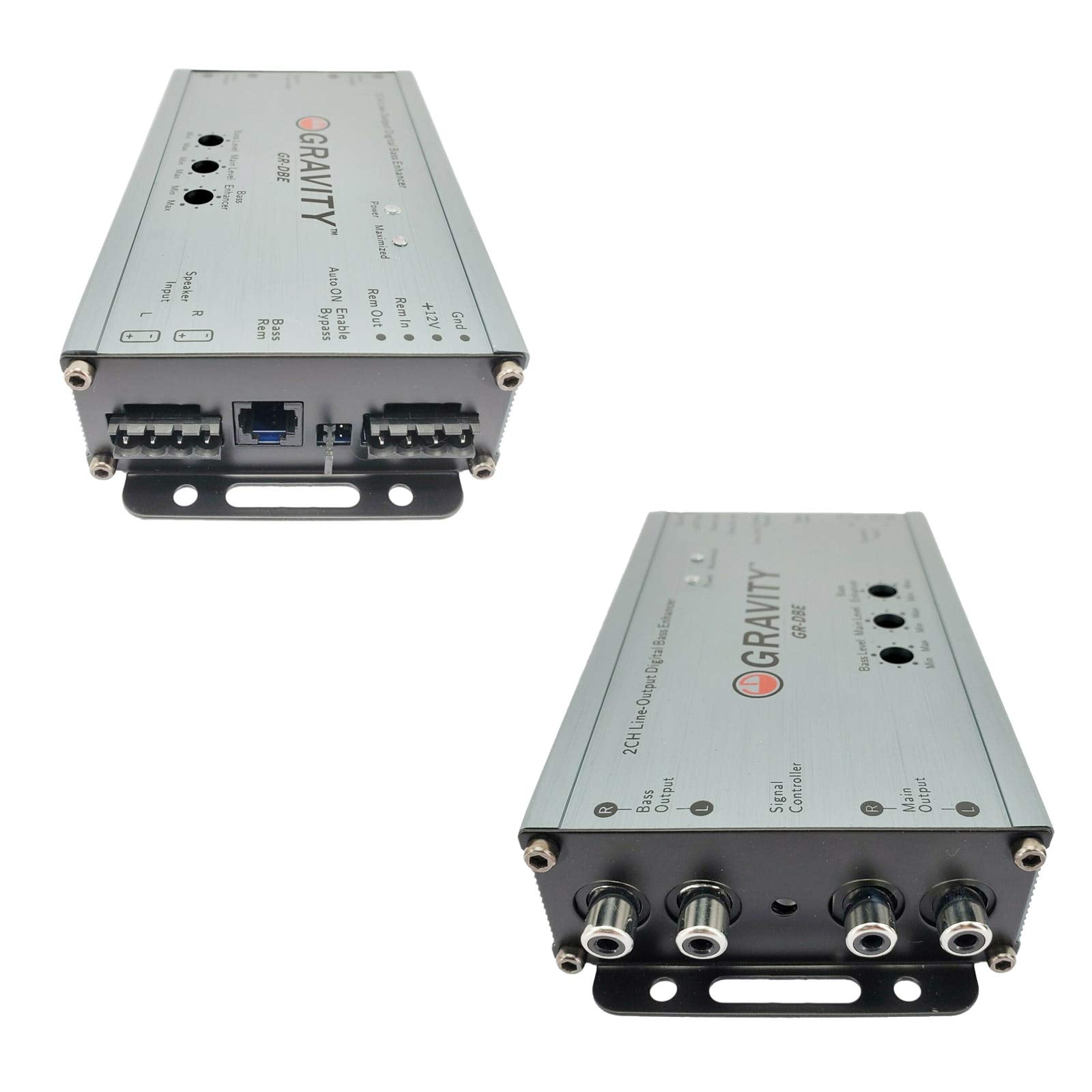 Gravity GR-DBE Convertidor de salida de línea premium de 2 canales con encantador digital de graves con perilla, amplificador dual, salidas de preamplificador de 9.5 voltios/controles de nivel a juego