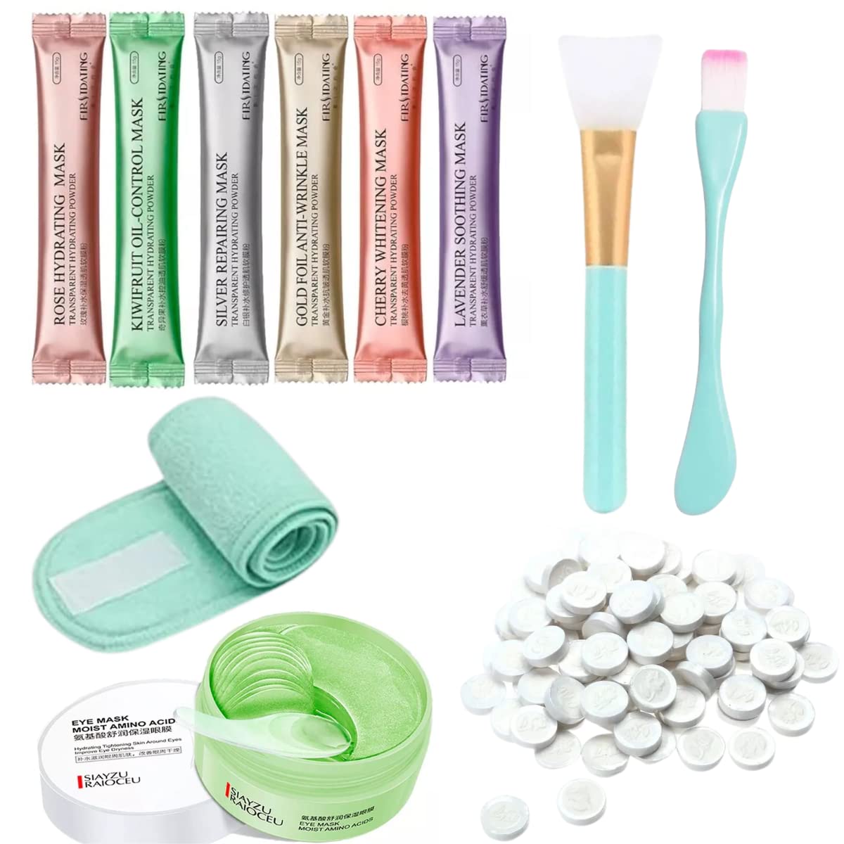 Set Paquete Cuidado Facial Mascarillas Hidratante Rutina Skin Care Mascarilla Hidroplastica Banda Sujeta Cabello con Velcro Brocha Pincel Silicona Aplicar Mascarillas Tratamientos Mascarillas Comprimidas
