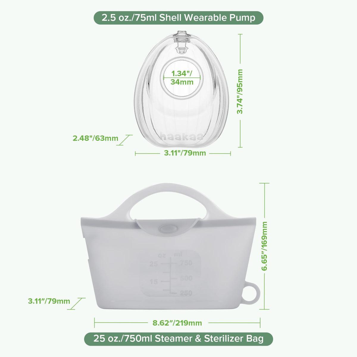 haakaa - Extractor de leche de silicona portátil con bolsa esterilizadora, 2 en 1 manos libres pasivo receptor de leche materna para madres lactantes, esenciales para lactancia materna, bombas de