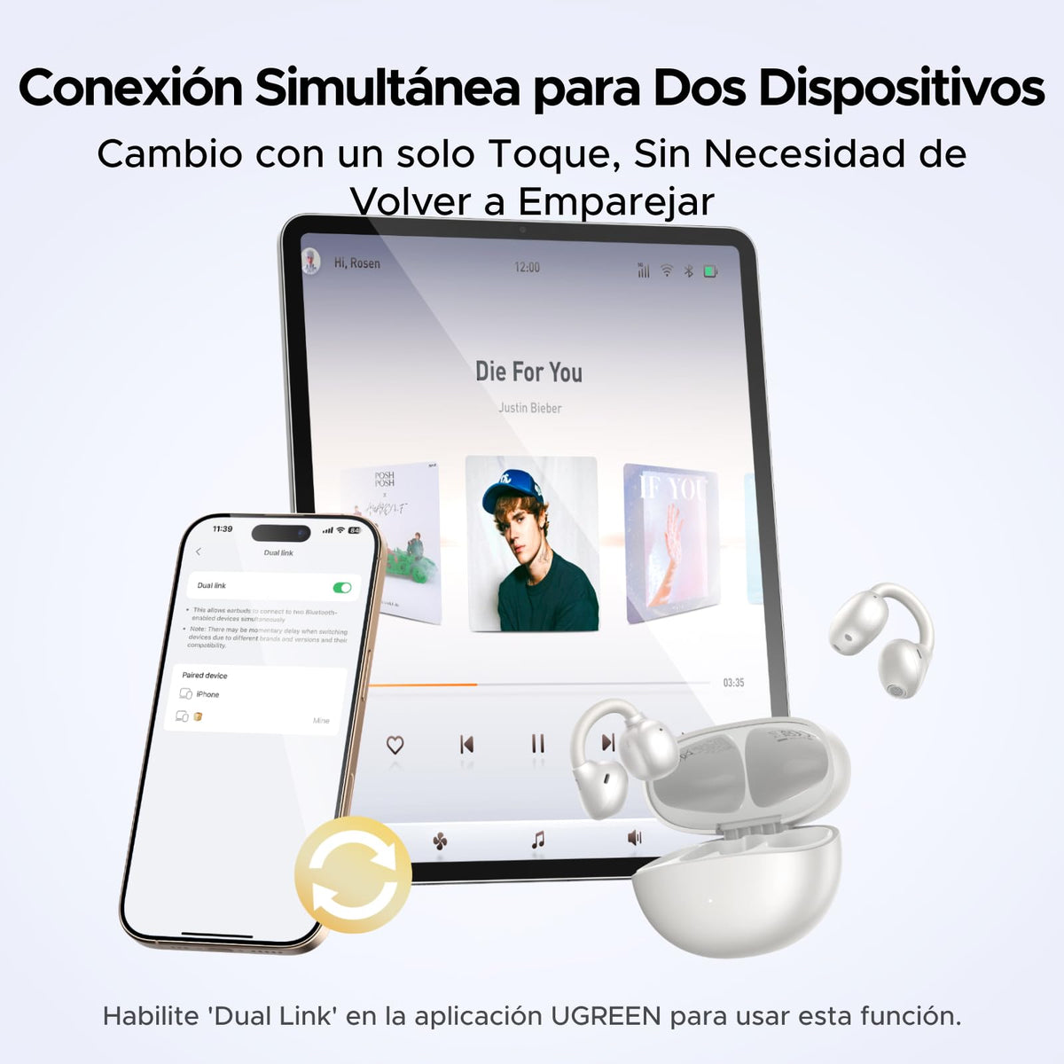 Audífonos Inalámbricos UGREEN Blanco con 4 Micrófonos y Control por App