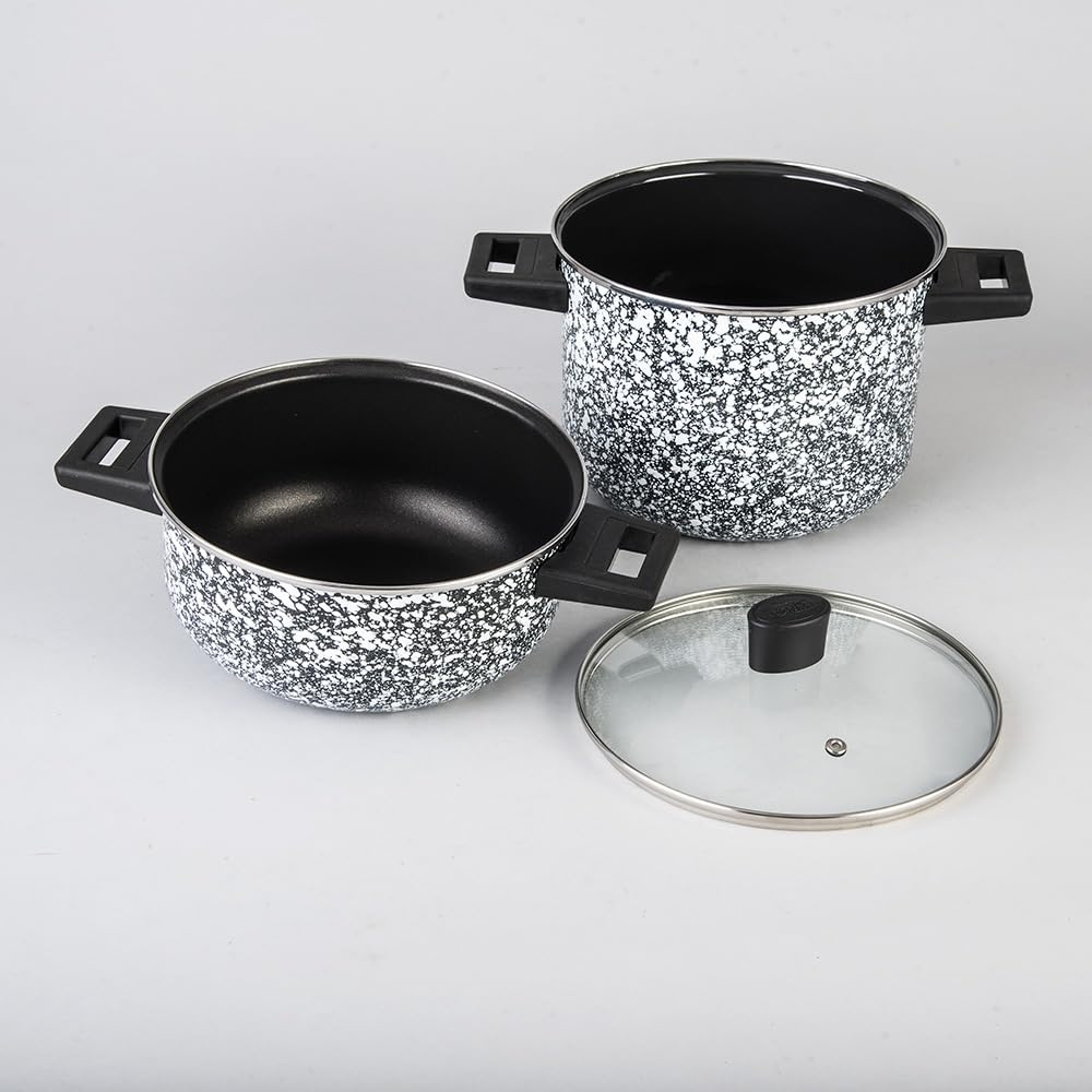 Cinsa Batería de cocina Granito Blanco con Negro 10 piezas, Peltre pesado con antiadherente, Tapas de vidrio templado. (Blanco con negro)