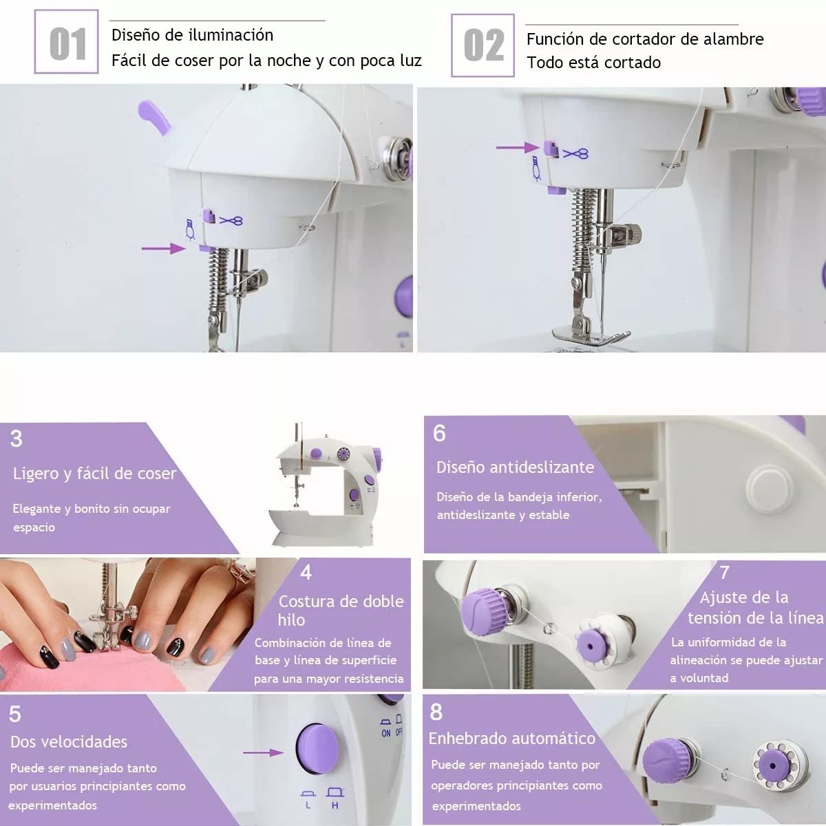 Máquina de Coser, Portátil Mini Maquina de Coser Electrica, Máquina de coser eléctrica multifuncional con Luz de LED Sewing Machine par, Adecuado para principiantes, para coser ropa.