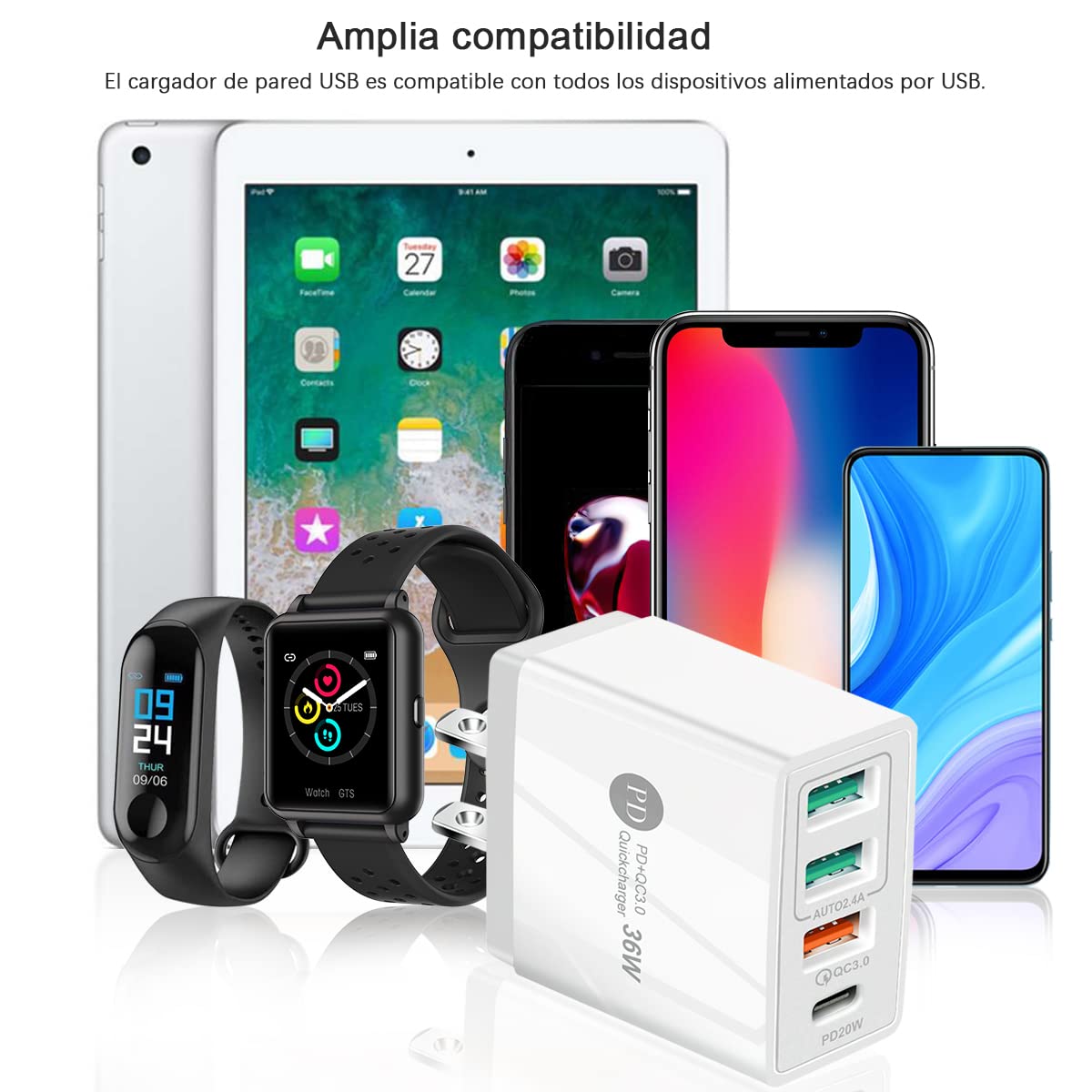 HONGHCL Cargador de Carga Rápida 36W 4 en 1, Cargador USB C y 3 USB A 3.0, Cargador Portátil con 4 Puerto Cargadores, Cargador Rapido Viaje con QC 3.0, PD20W, Compatible para Celular, Laptop y más