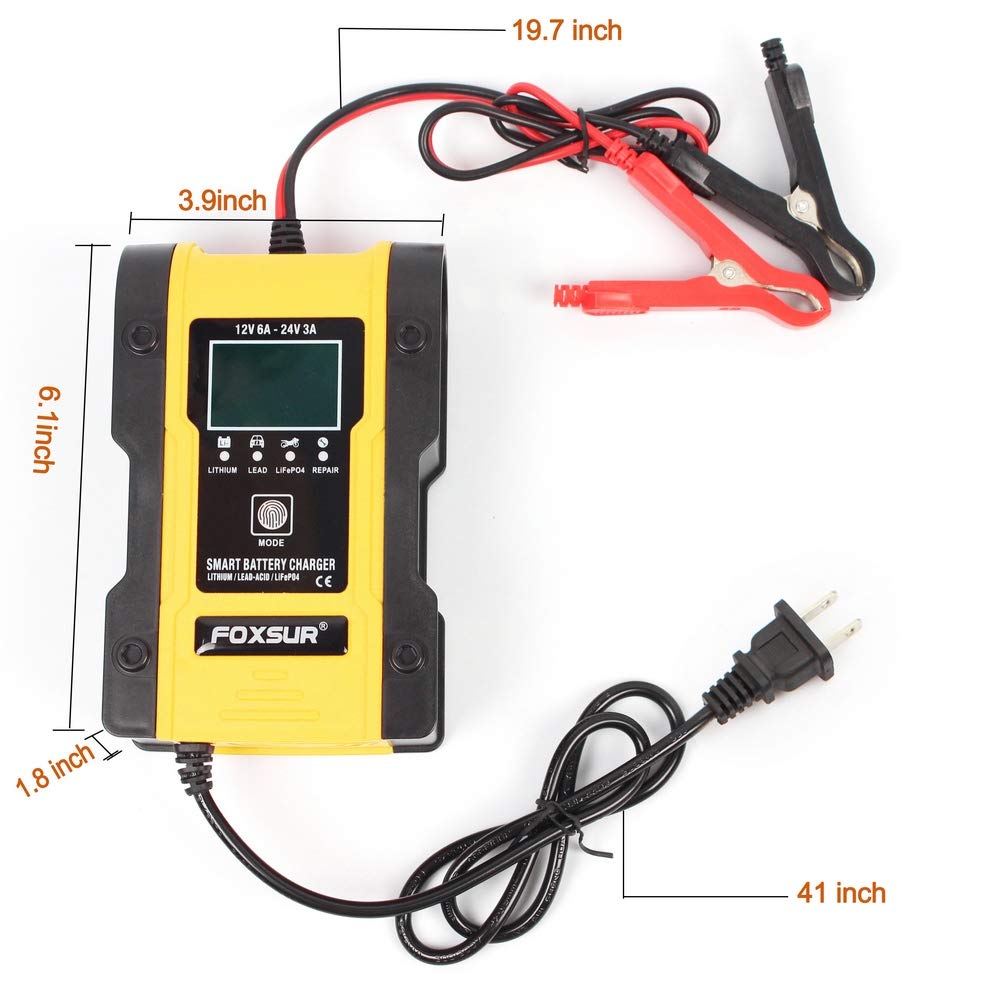 IEIK Cargador de batería de 12 V/6 A para coche, camión, motocicleta, cortacésped, barco, ATV, litio/LiFePO4/plomo/ácido/ciclo profundo