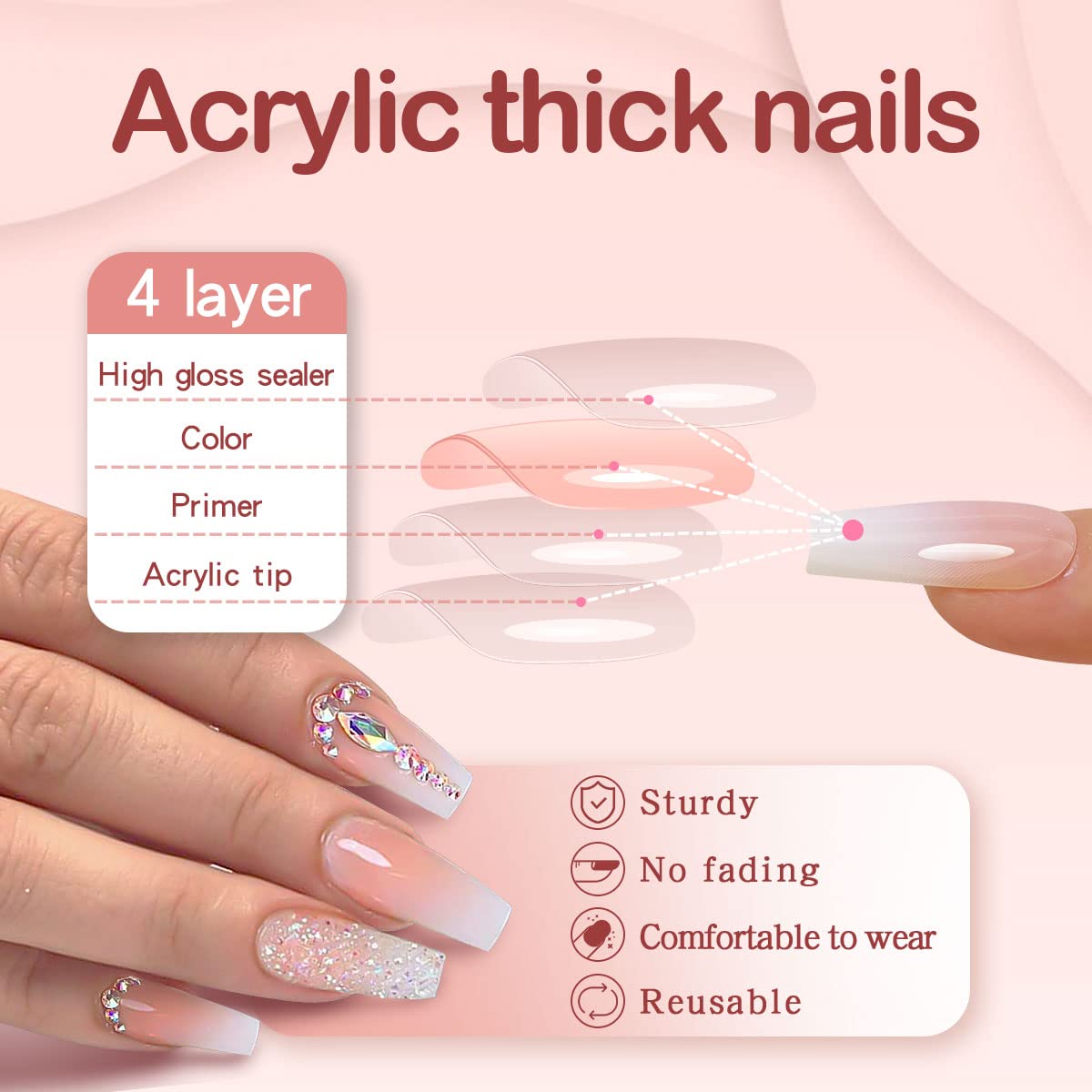 Yivaiks 24 uñas postizas personalizadas a mano, con diseño de bailarina y diamantes de imitación, accesorio perfecto para banquetes, veladas y fiestas (GD-004)