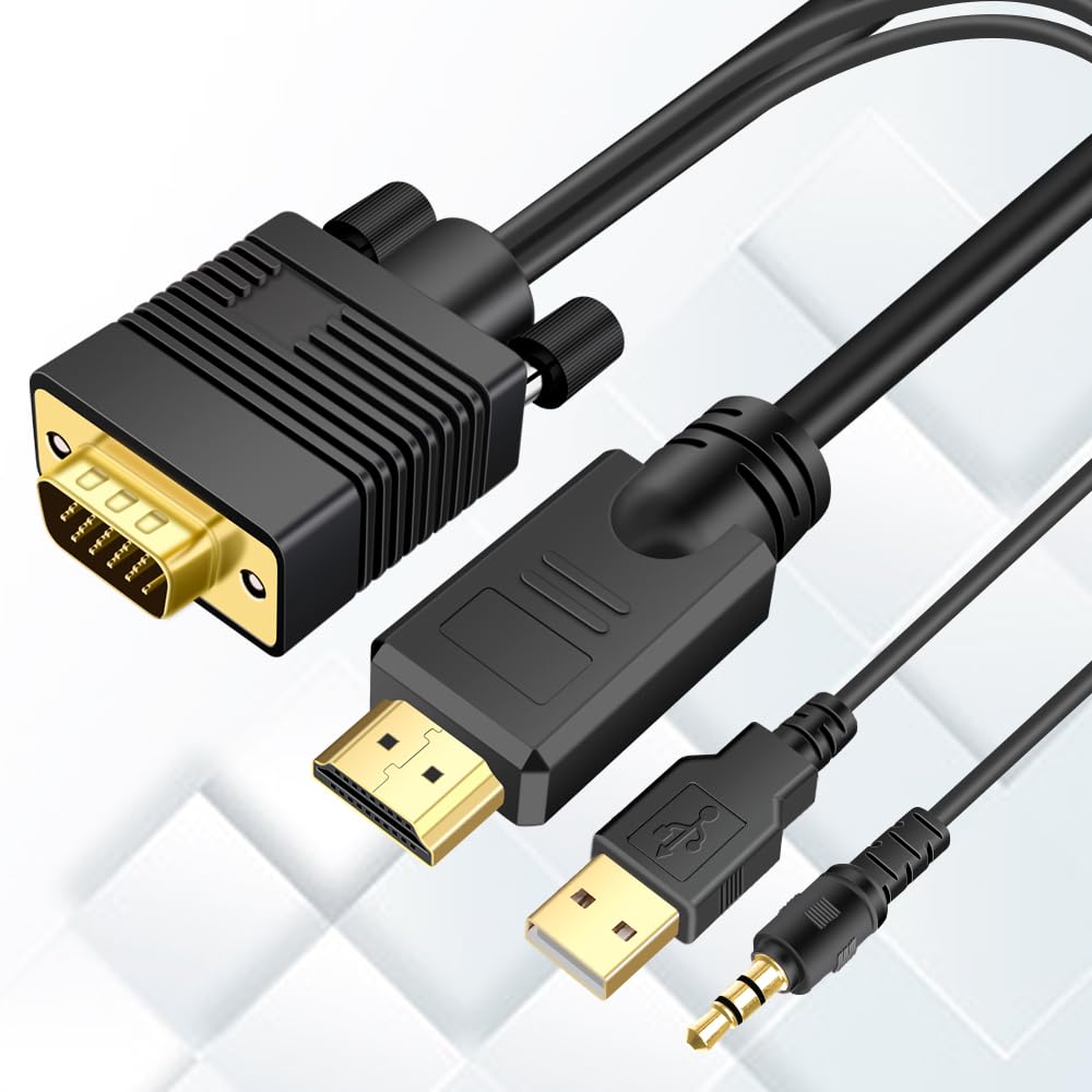 Cable Convertidor VGA a HDMI Kirzi Negro con Audio 7,6 m Compatible con Computadora y Proyector