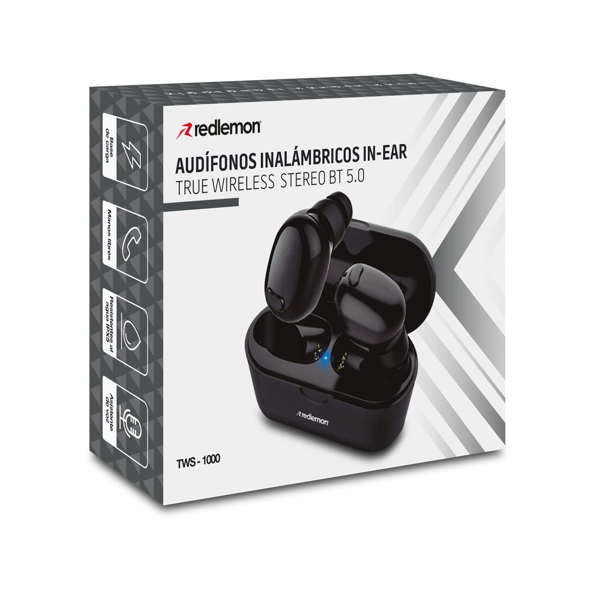 Redlemon Audífonos Bluetooth 5.0 Inalámbricos TWS con Base de Carga, Sonido High Definition, Resistentes a Salpicaduras de Agua y Polvo IP54, Manos Libres, Batería Recargable de Larga Duración