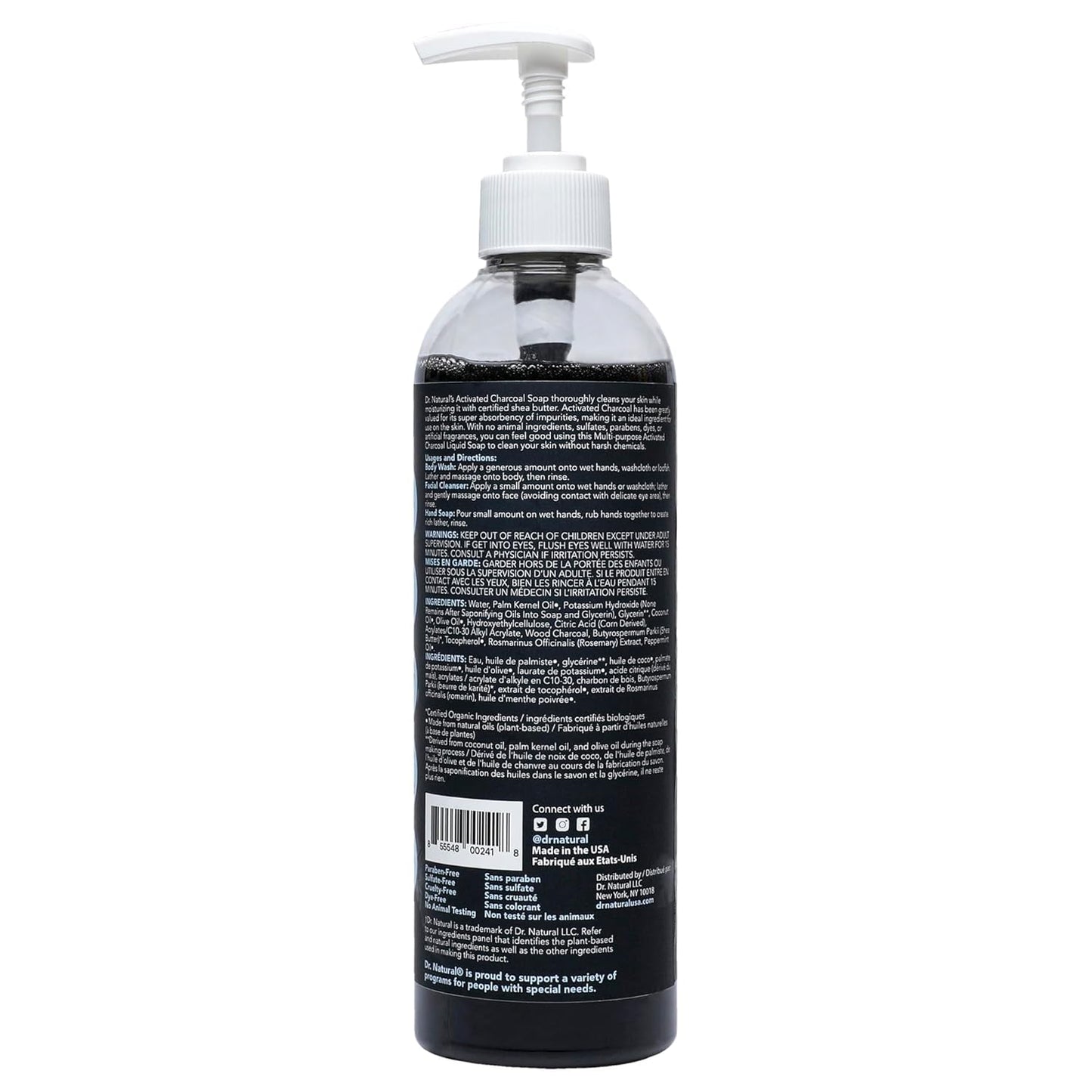 Dr. Natural Jabón Liquido Facial y para Cuerpo con Carbón Activado | Exfoliante Corporal y Facial | Natural, Vegano y Orgánico | Hecho de Plantas Con Aceite de Oliva y Coco, Manteca de Karité y Romero (473 ml, Menta)