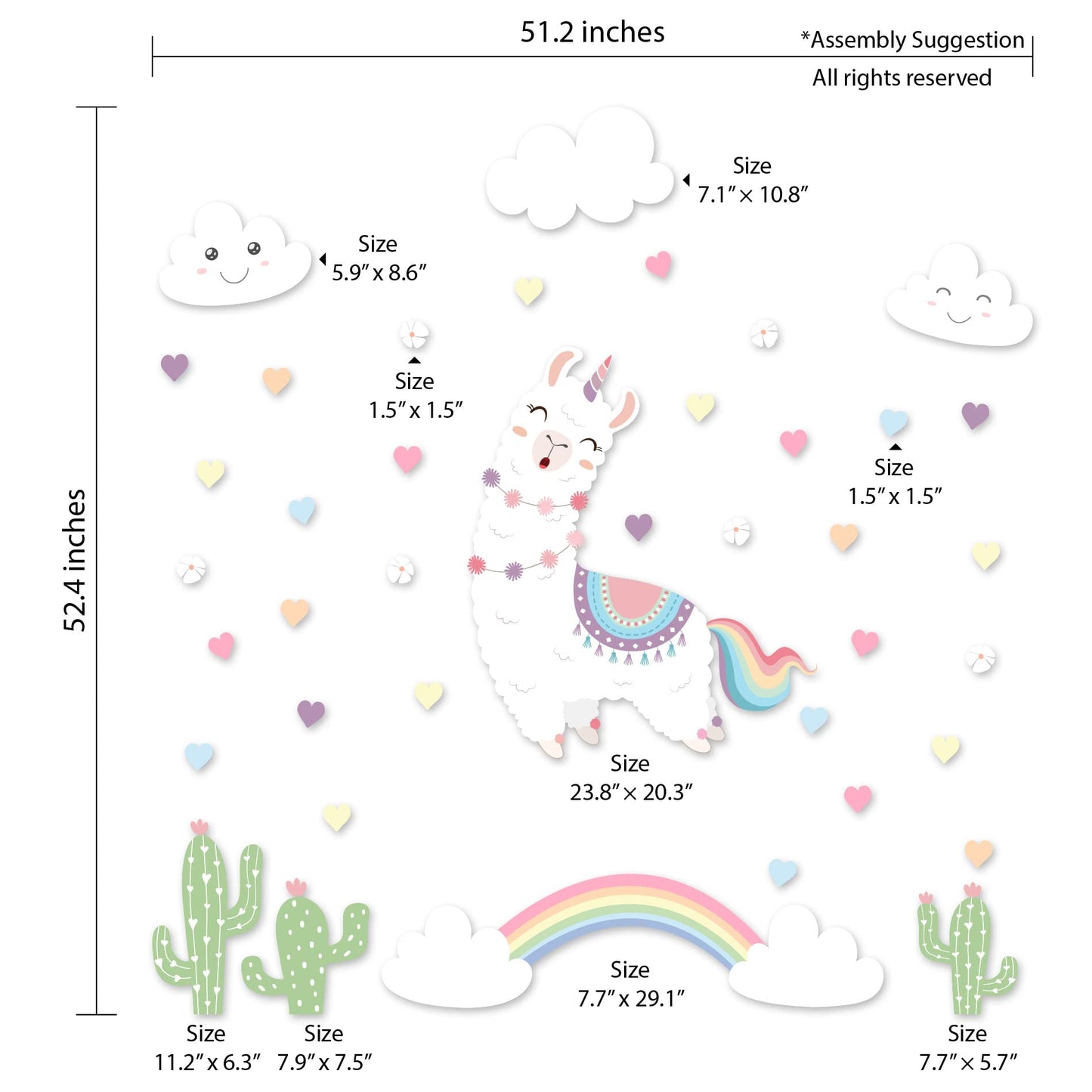 Calcomanías de pared con diseño de unicornio de llama blanca y corazones para habitación de niñas, niños y calcomanías