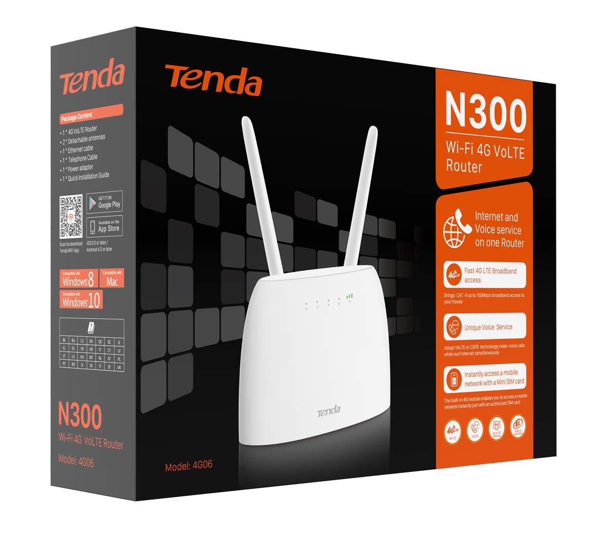 Tenda Router 4G06 4G Wi-Fi 300 Mbps Movil, Ranura para SIM, No Requiere Configuración, Servicio de Voz, 2 Antenas Desmontables, Monitoreo de Tráfico de Datos
