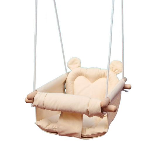 IVREA Asiento de Columpio de Tela Acolchado Modelo Oso para Bebés y Niños Pequeños - Altura Ajustable, Diseño Seguro, Suave y Cómodo. Beige.