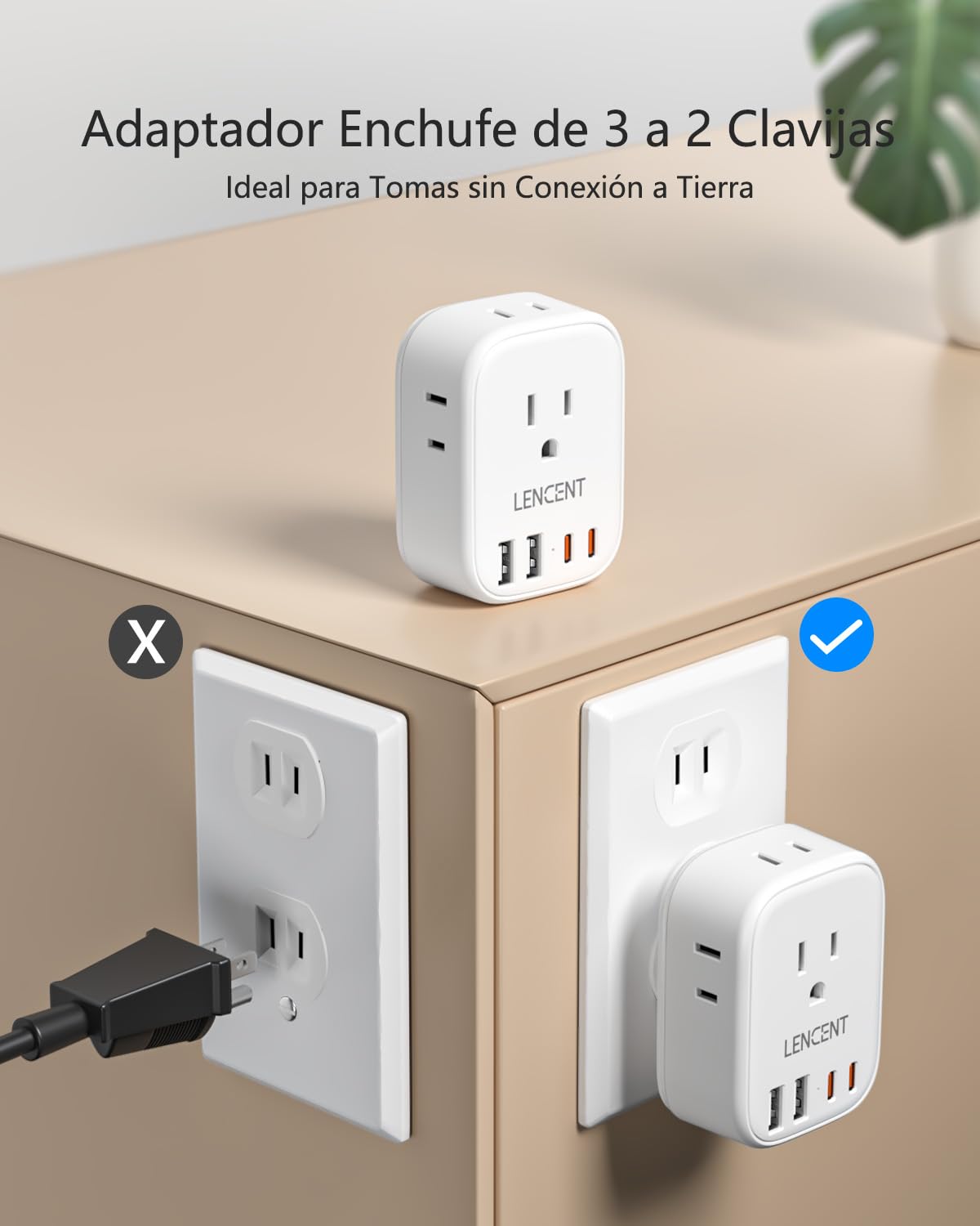 LENCENT 1X Adaptador de Enchufe Americano Tipo A, Adaptador de 3 a 2 Clavijas con Enchufe Polarizado, Cargador con 4 Salidas CA&4 USB (2 USB C), Extensor de Enchufe de 2 Clavijas sin Toma de Tierra