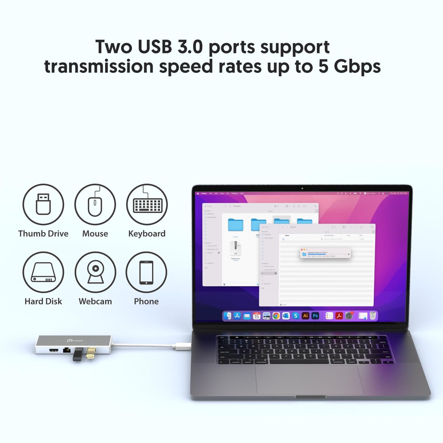 J5create Hub USB 3.0 con HDMI, VGA, RJ45 Gigabit Ethernet, 2 puertos USB 3.1 tipo A - Adaptador de transferencia de datos de alta velocidad para Mac, Windows, PC de sobremesa - Soporta resolución de hasta 2K