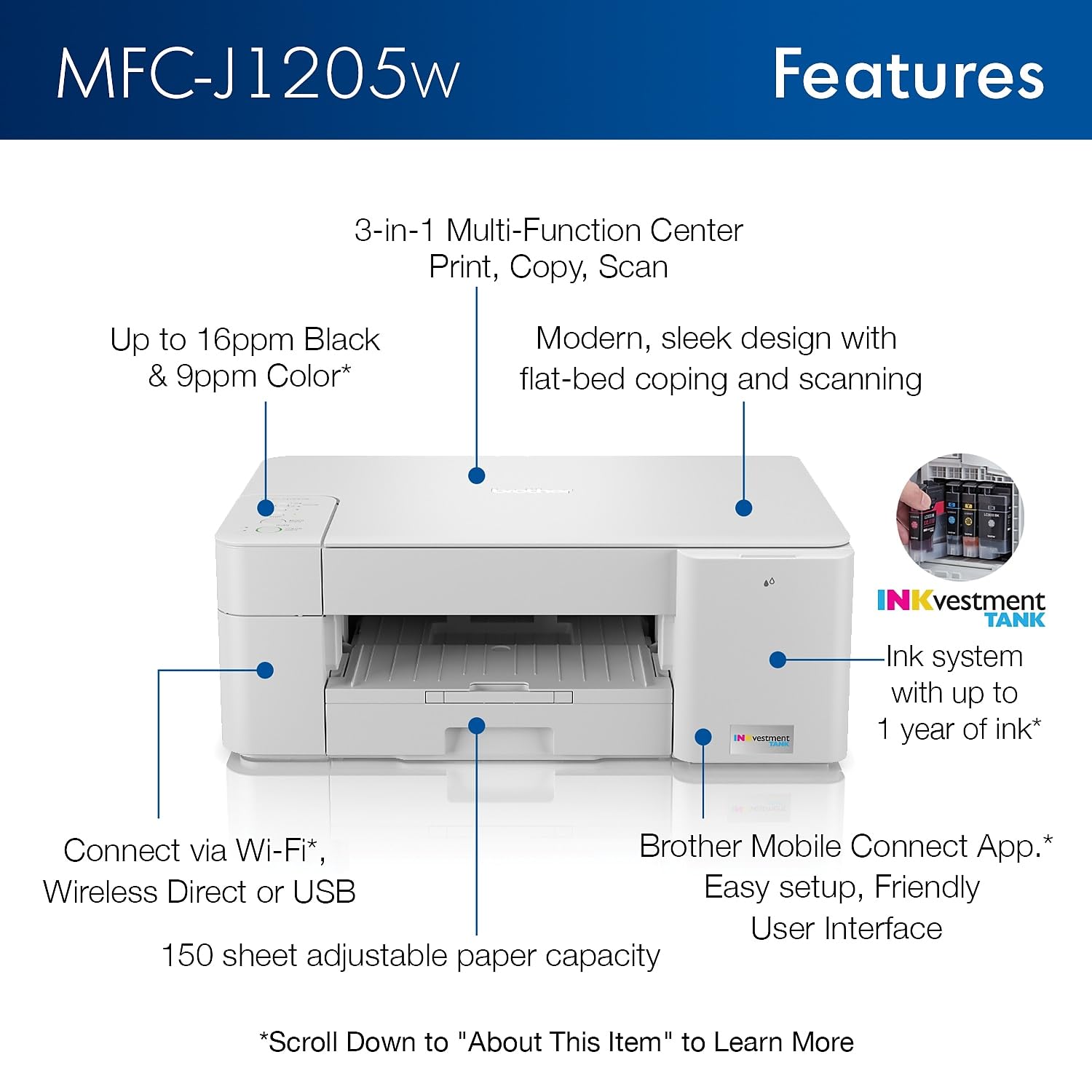 Brother MFC-J1205W INKvestment - Impresora inalámbrica multifunción de inyección de Tinta a Color con hasta 1 año en Caja, Funciona con Alexa