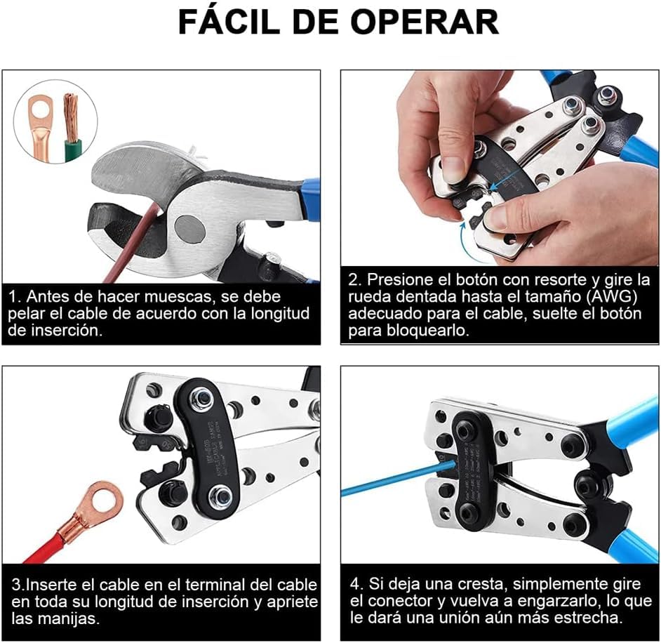 Herramienta de Crimpado de Cable de Batería，Crimpadora de Lengüetas de Cable de Batería para Terminales de Cable resistentes， AWG 10，8, 6, 4, 2, 1, 0 (Cable Crimping Pliers Set)