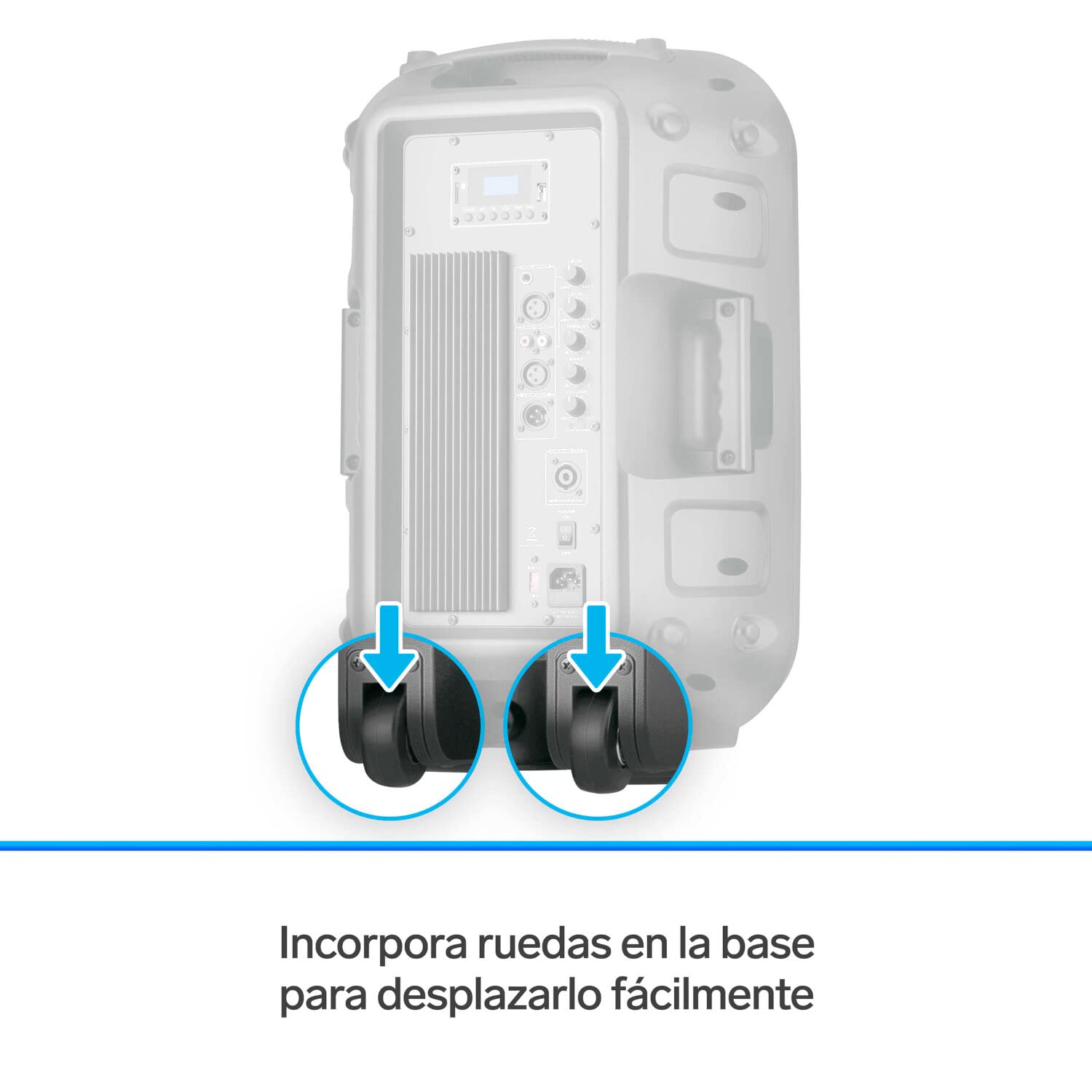 STEREN BAF-1255BT Bafle 12" 2300 WPMPO Bluetooth, woofer y Tweeter, MP3 por microSD o USB, AUX RCA, 6,3 mm para Mic, Crossover, Salida Speakon, Ruedas y agarraderas, Orificio para Colocar en Pedestal