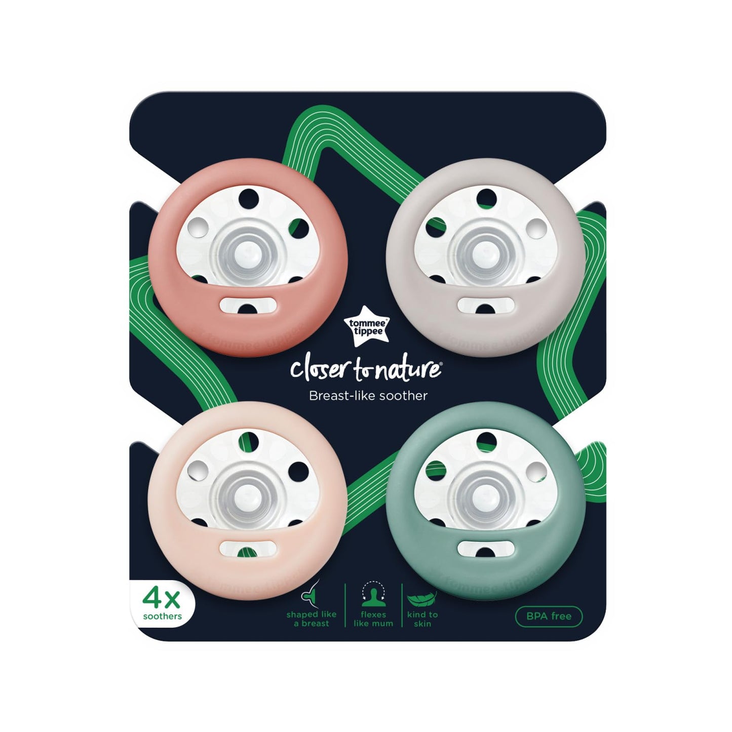 Chupete Tommee Tippee Rosa Verde Crema Diseño Simétrico Baglet Natural para 6-18 Meses Paquete de 4