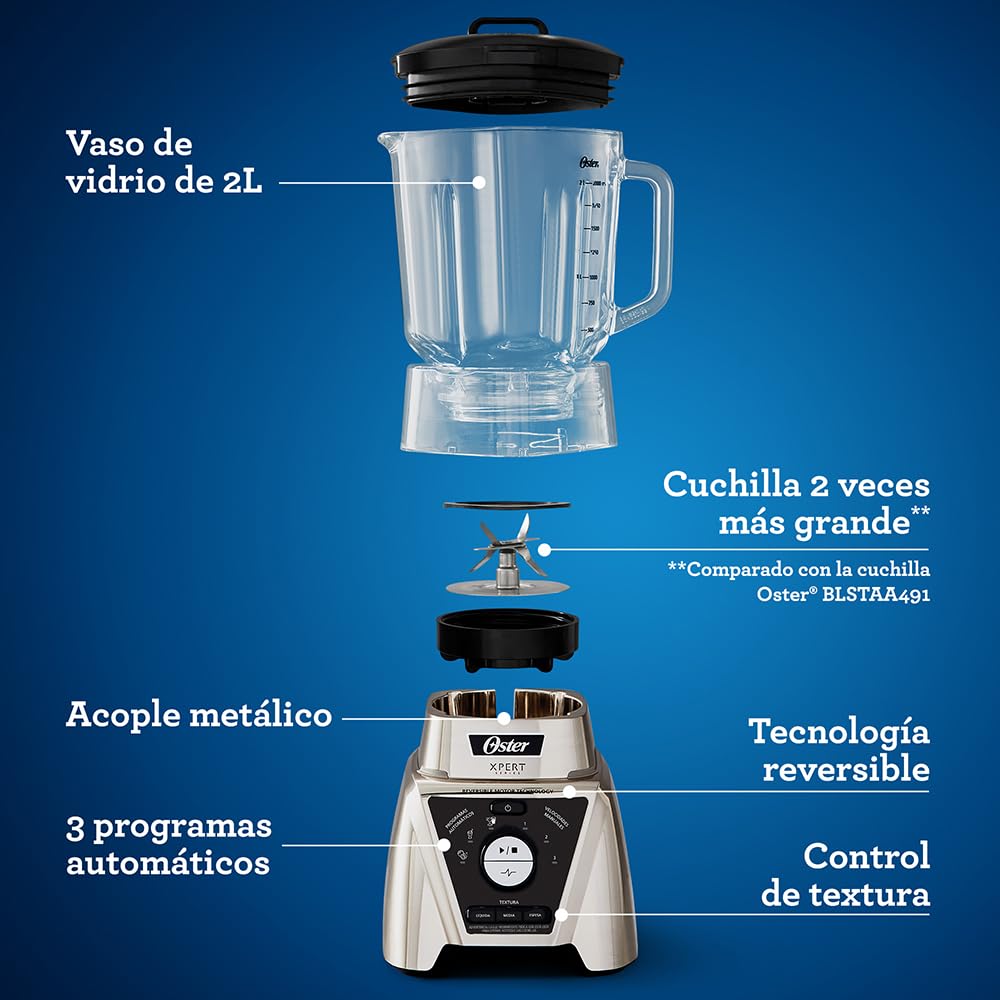 Licuadora Oster Xpert Series Azul con Control de Textura y Accesorios 2 Litros 3 Programas de Velocidad