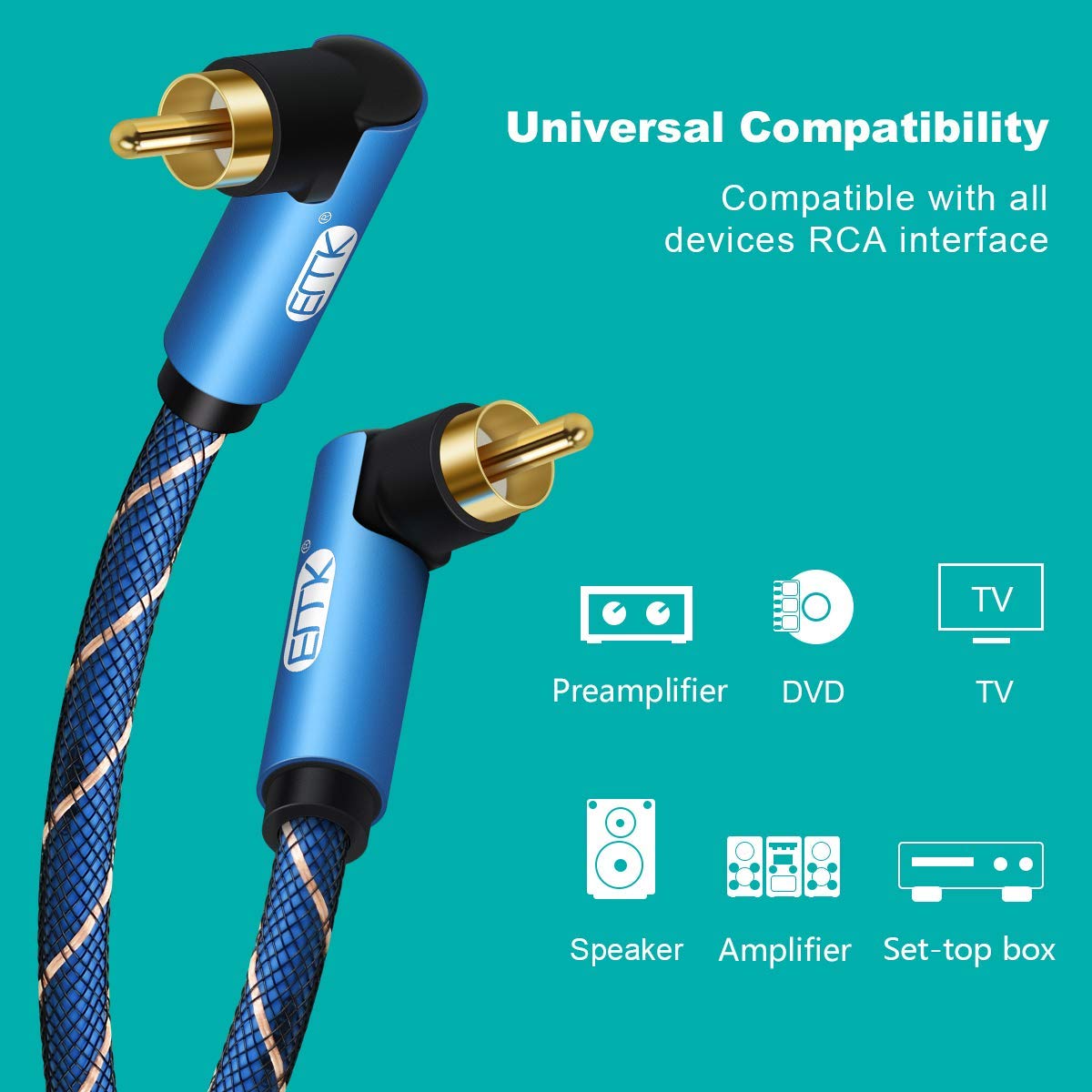 EMK Cable de subwoofer RCA de 90 grados, cable de audio coaxial digital macho a macho para subwoofer, TV, barras de sonido, amplificador, altavoz (4.99 metros/16.5 pies)