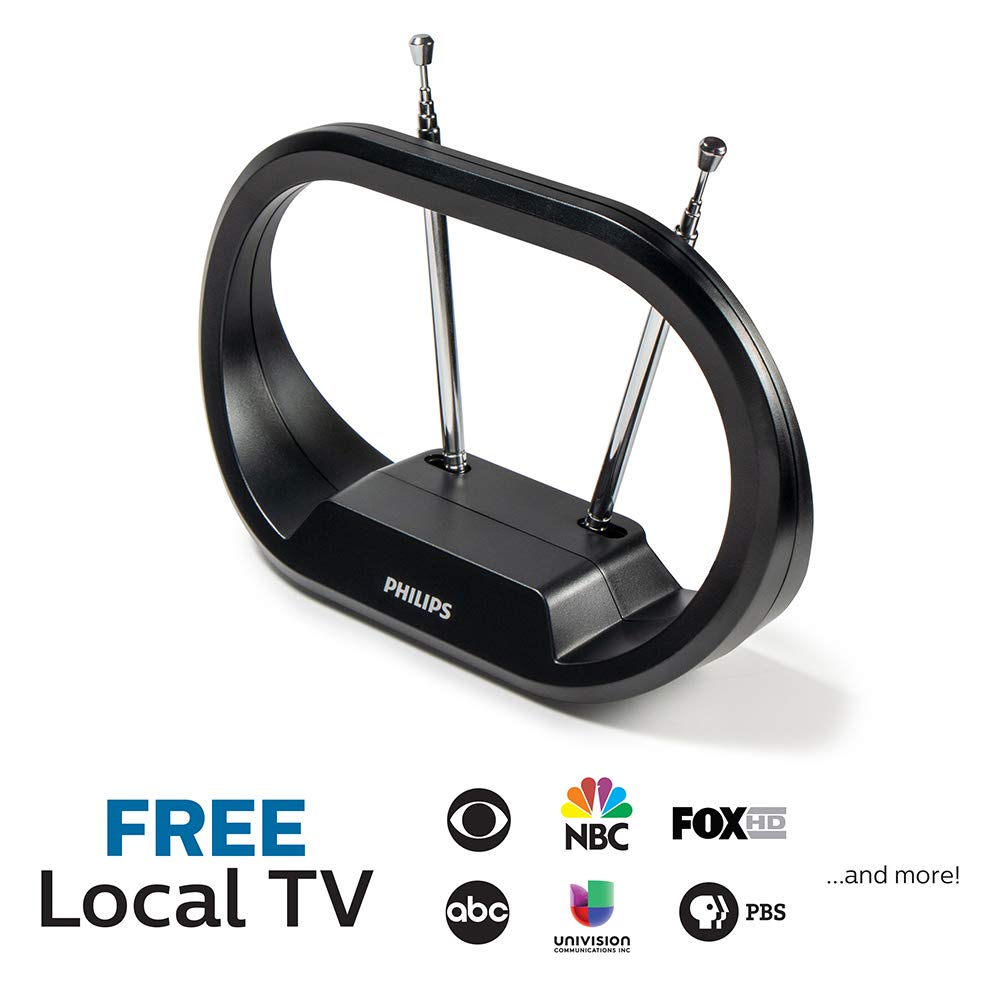 PHILIPS Modern Loop Rabbit Ears Antena de TV para Interiores, dipolos Extensibles de 15 Pulgadas, 4K 1080P VHF UHF, Escritorio, HDTV Digital, Cable coaxial de 4 pies, Negro, SDV7114A / 27