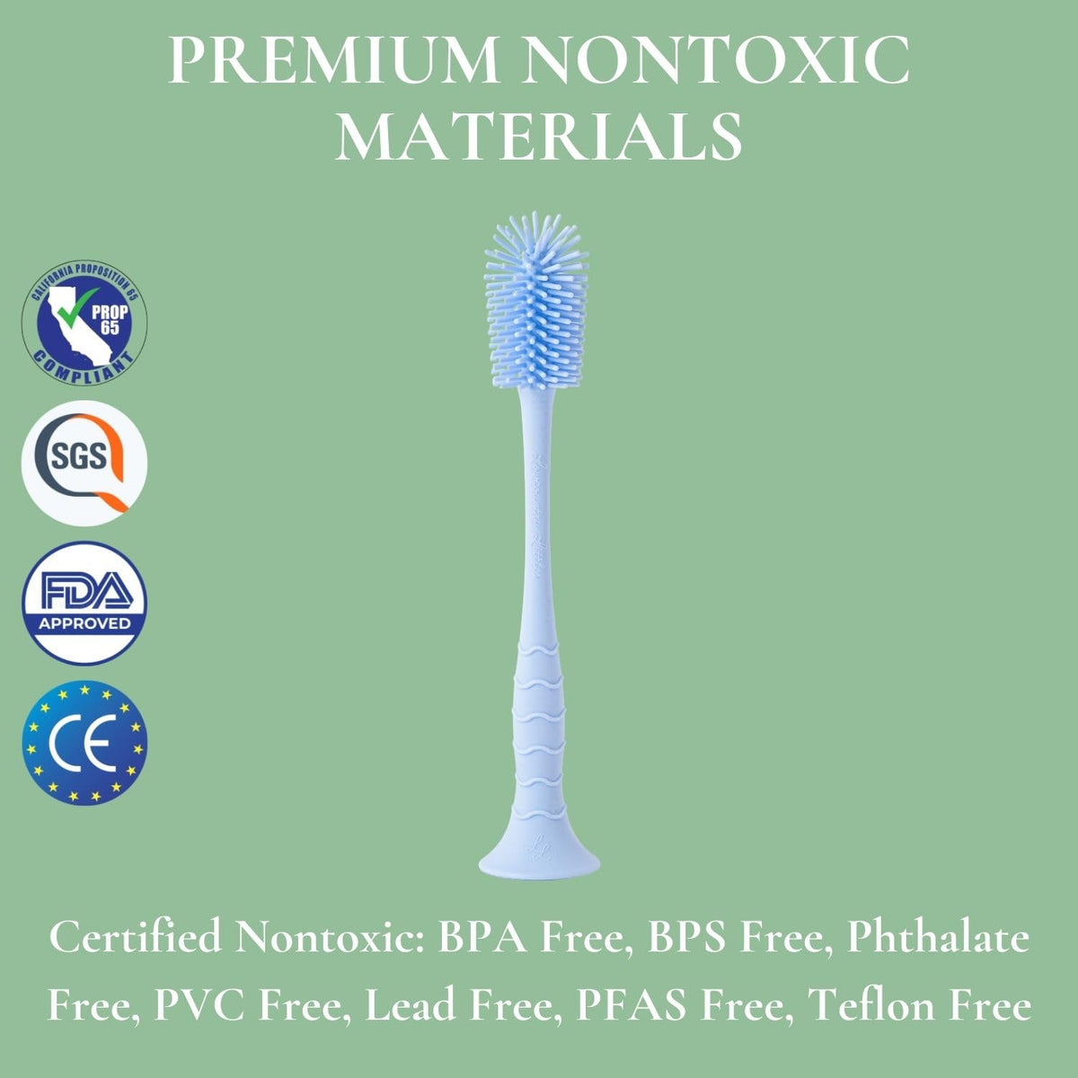 Lowcountry Littles - cepillo para polvo de silicona no tóxico para botella de grado médico de alta calidad, sin BPA y PFAS, base de ventosa, fácil de limpiar y apto para lavaplatos, diseño más alto