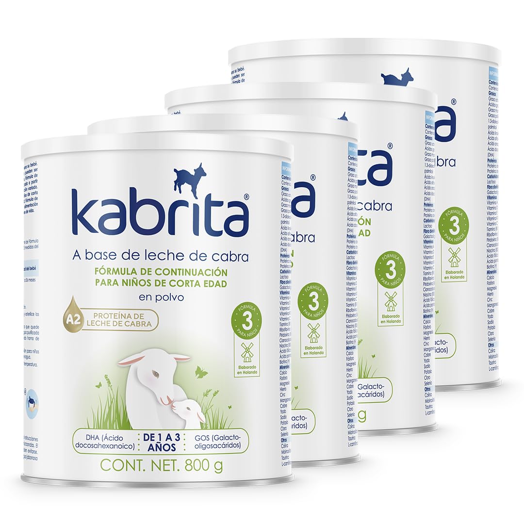 Kabrita Fórmula Infantil de Leche de Cabra de Fácil Digestión para Niños de 1 a 3 Años | Con Proteína A2, Vitamina D, Hierro, Omegas y Prebióticos, sin Azúcares Añadidos | Pack de 4 Latas (4 X 800g = 3.2 kg)