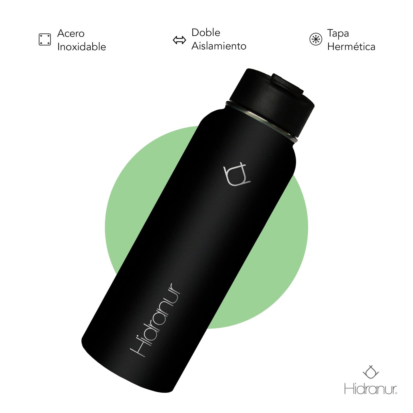 Hidranur Termo de Acero Inoxidable Doble Aislamiento Térmico, Termo Para Café 32 oz (946.35 ml), 3 Tapas Herméticas, 2 Popotes, 24 Hrs de Agua Caliente y Fría (Negro, 32 Oz (946.35 ml))