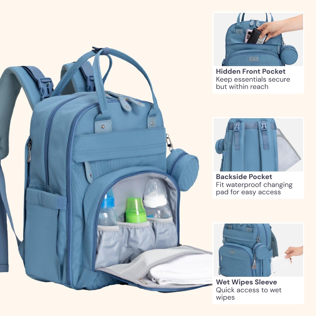 BabbleRoo Mochila para pañales, bolso esencial de viaje para bebé, impermeable, multifunción, con cambiador, correas para cochecito y estuche para chupetes, unisex, azul claro