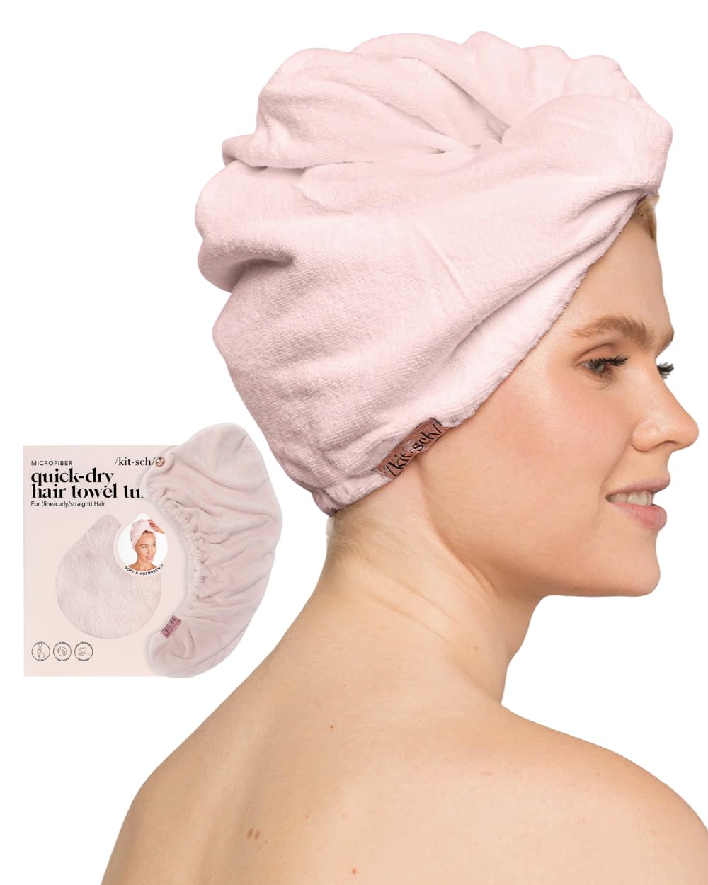 Kitsch Toalla de Microfibra para el Cabello para Mujer – Toalla Antiencrespamiento de Secado Rápido, Toalla de Microfibra Súper Absorbente, Toalla de Secado de Cabello, Toalla Turbante – Rosa