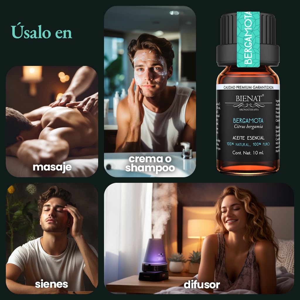 BIENAT AROMATERAPIA Aceite Esencial de Bergamota 10mL | 100% Puro y Concentrado | Ideal para Difusor de Aromas, Humidificador, Aromaterapia, Masajes, Meditación, Jabones y Velas | Esencia Natural en Gotas