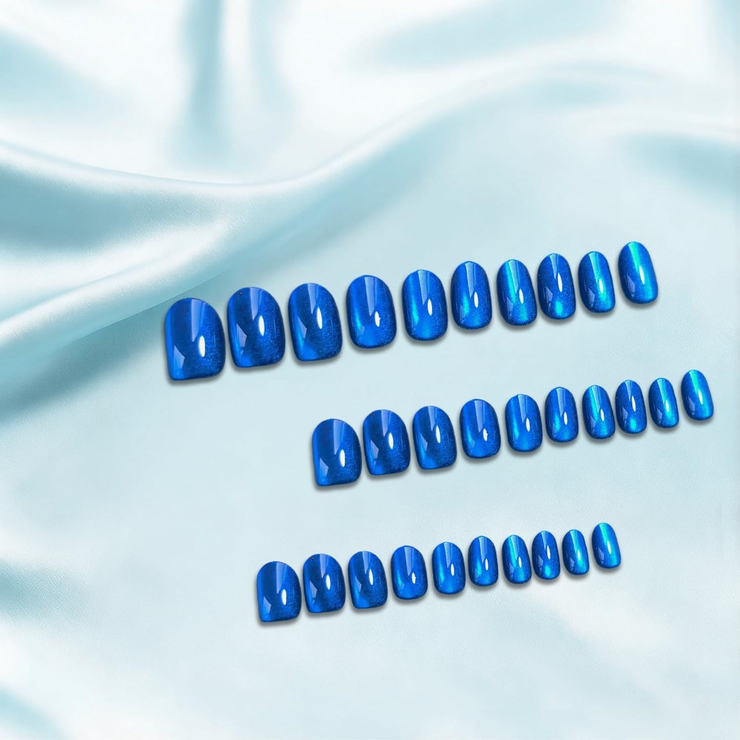 JOYVVEW Uñas postizas cortas con forma de ojo de gato - Uñas postizas ovaladas azul real, uñas postizas almendradas glaseadas con acabado brillante, calidad resistente, reutilizables, brillantes y adh