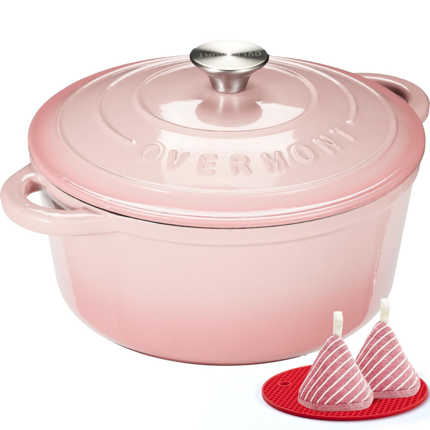 Overmont - Cacerola redonda de hierro fundido esmaltado de 6,6 l con tapa, libro de cocina y agarraderas de algodón, utensilios de cocina antiadherentes para estofado, guisos, asar, hornear pan, rosa,