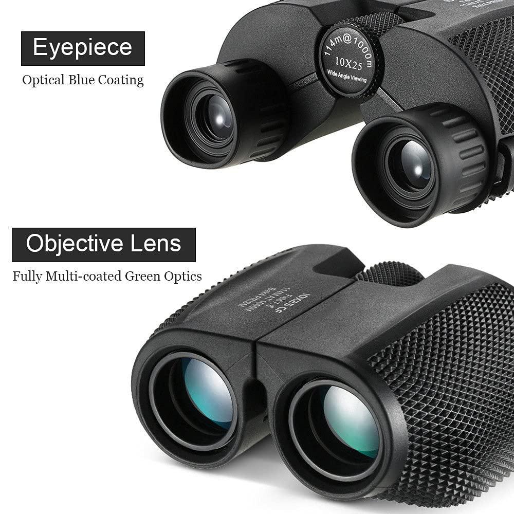 FUFENG Binoculares Plegables, Binoculares Prismáticos 10X25 con Alcance de Visión de hasta 1,000 Metros, Enfoque Manual para Senderismo, Campamento, Viajes, Caza, Conciertos (Negro)