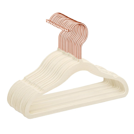 MIZGI - Perchas de terciopelo para niños de alta calidad (paquete de 50) con ganchos de cobre y oro rosa, ahorro de espacio, ultra delgadas, antideslizantes para bebés, pantalones de vestir, perchas