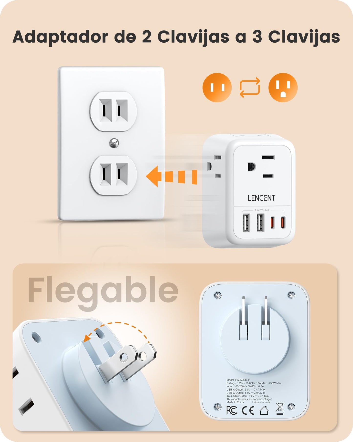 LENCENT Adaptador de Enchufe Plegable, Adaptador de Viaje con 4 Salidas y 4 Puertos USB (2USB C), Cargador Japón Tipo A de 2 a 3 Clavijas, Multicontacto de EE.UU. a Japón Canadá México Filipinas Perú