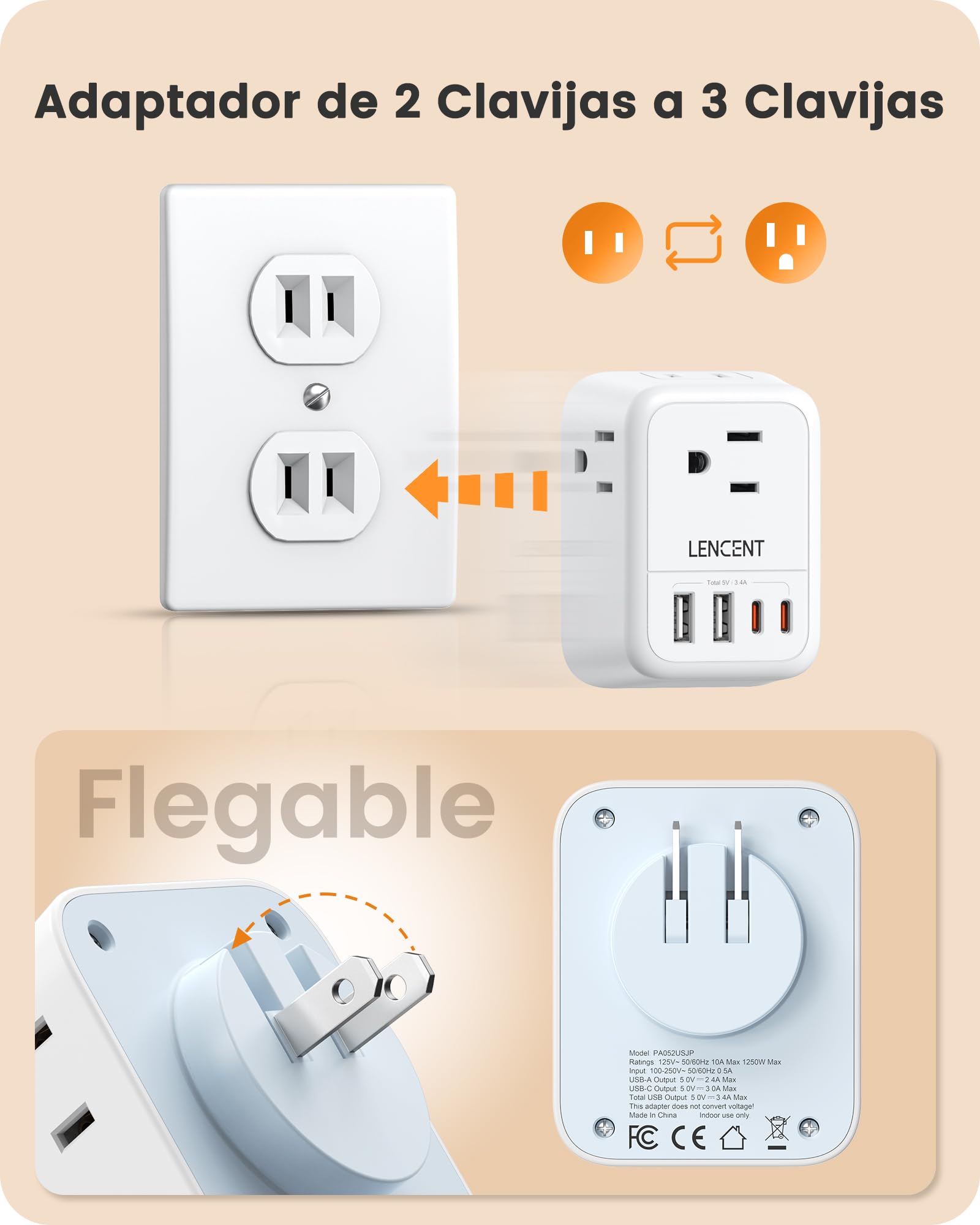 LENCENT Adaptador de Enchufe Plegable, Adaptador de Viaje con 4 Salidas y 4 Puertos USB (2USB C), Cargador Japón Tipo A de 2 a 3 Clavijas, Multicontacto de EE.UU. a Japón Canadá México Filipinas Perú