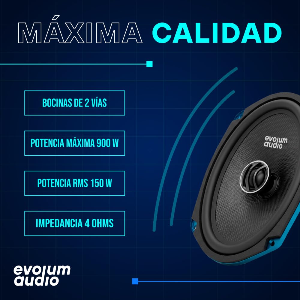 Evolum Audio - Kit Bocinas 2 Vías - Sonido Claro y Potente - Potencia RMS de 150 W - Gran Volumen y Claridad sin Distorsión - Fácil Instalación & Amplia Compatibilidad - Modelo Coaxial (6x9 in)