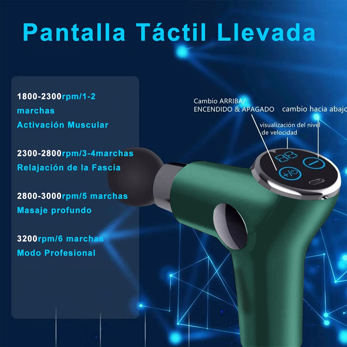 Pistola Masaje Muscular, Pistola de masaje silencioso con 8 cabezales de masaje y 32 niveles ajustables, Pistola Masajeadora de tejido profundo portátil con pantalla LCD para aliviar el dolor muscular