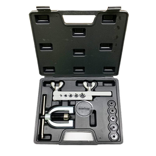 nuwfrog Kit de herramientas de doble flaring para automóvil con 5 troqueles extra (3/16, 1/4, 5/16, 3/8 y 1/2 pulgadas) de adaptadores para tubo de freno de latón y línea de aluminio de cobre. Herramienta de llamarada de 45 grados.
