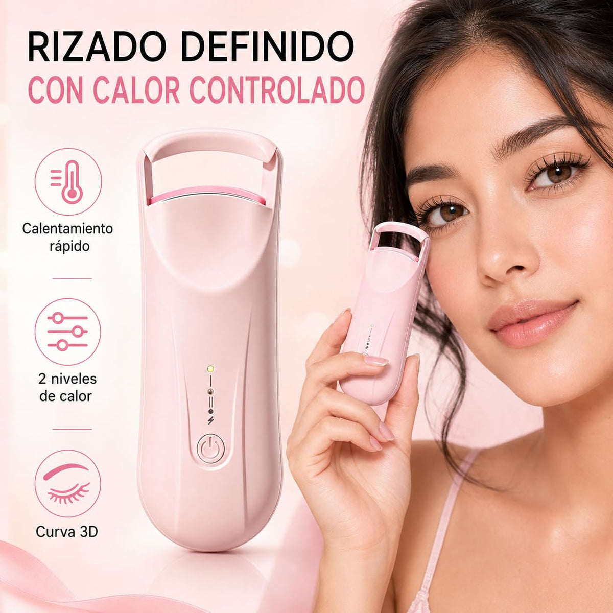 Rizador de Pestañas Eléctrico, Enchinador Térmico Recargable USB-C con 2 Niveles de Temperatura 65°C/85°C, Calentamiento Rápido y Curva 3D, Mini Rizador Portátil para Maquillaje